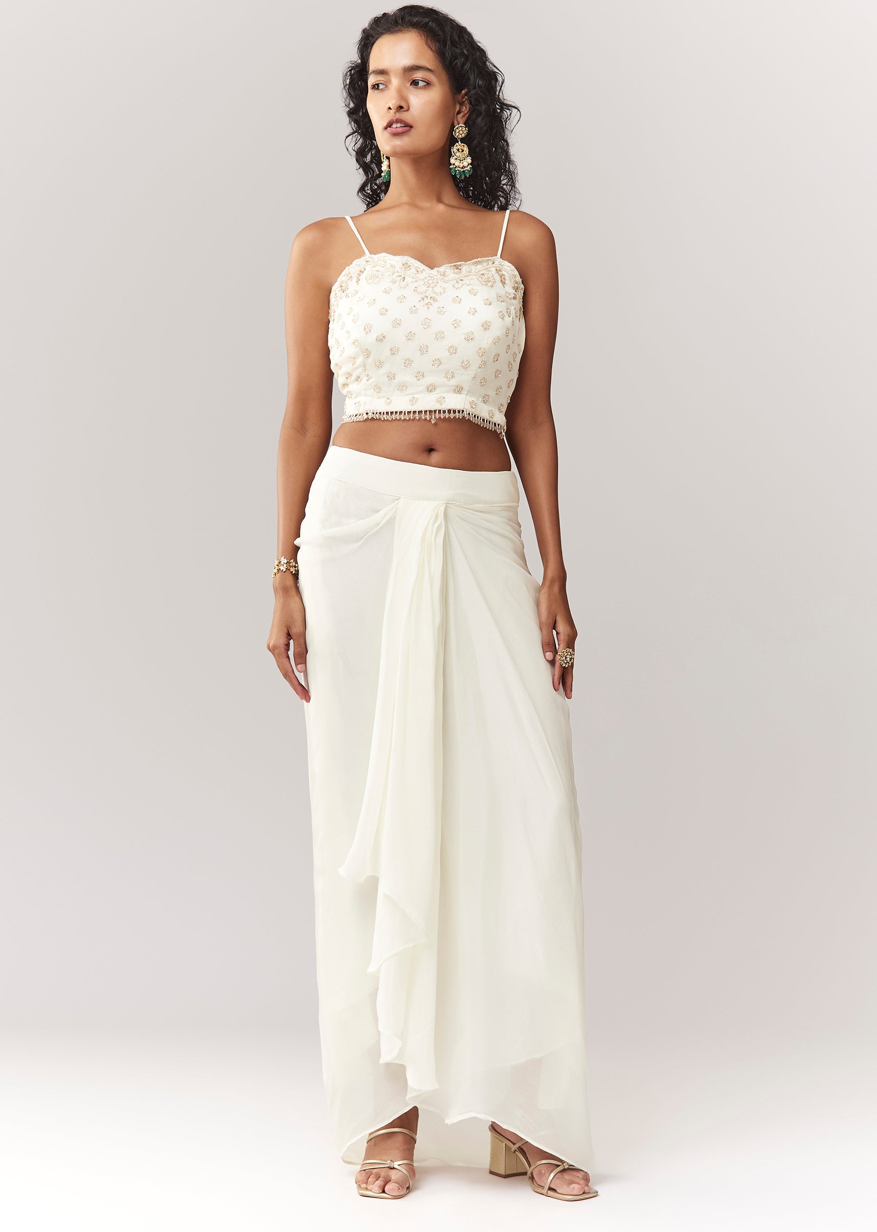 Green Bandhani Cape And Embellished Sweetheart Croptop With Skirt