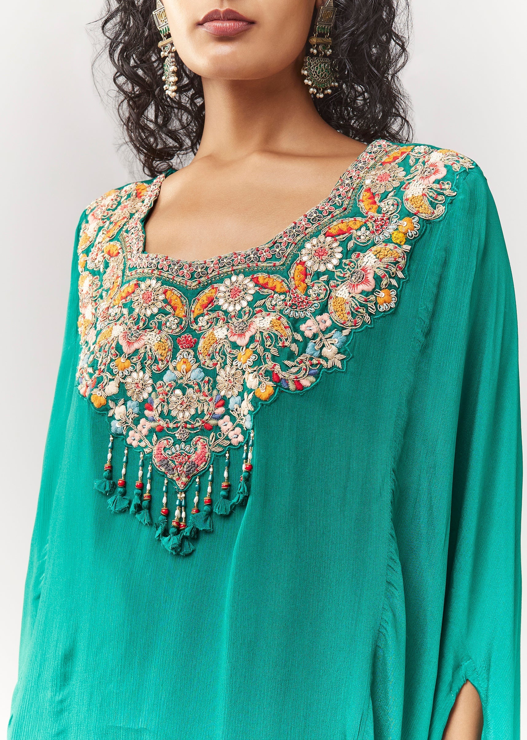 Green Cape Style Sharara Set With Thread And Zardosi