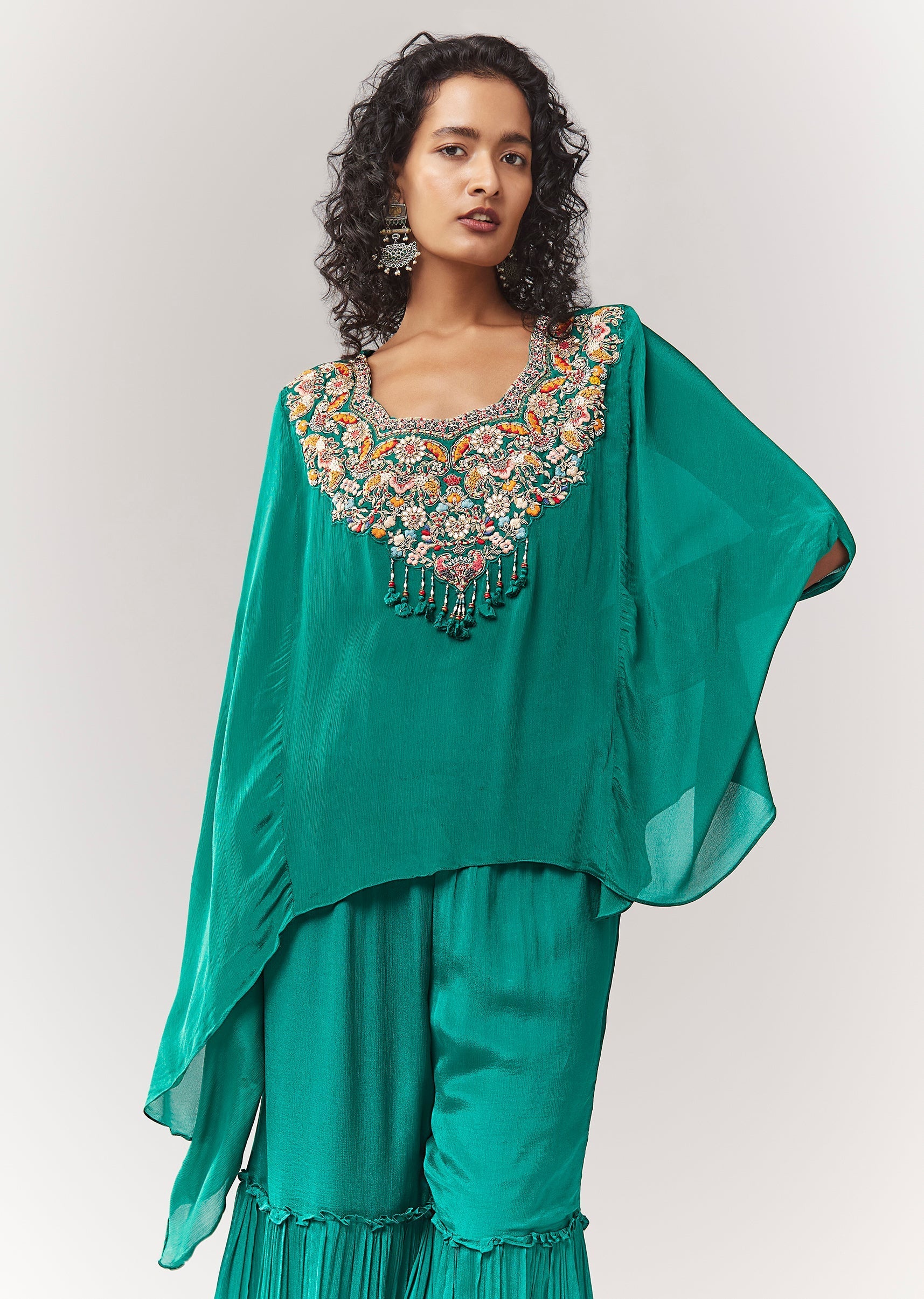 Green Cape Style Sharara Set With Thread And Zardosi