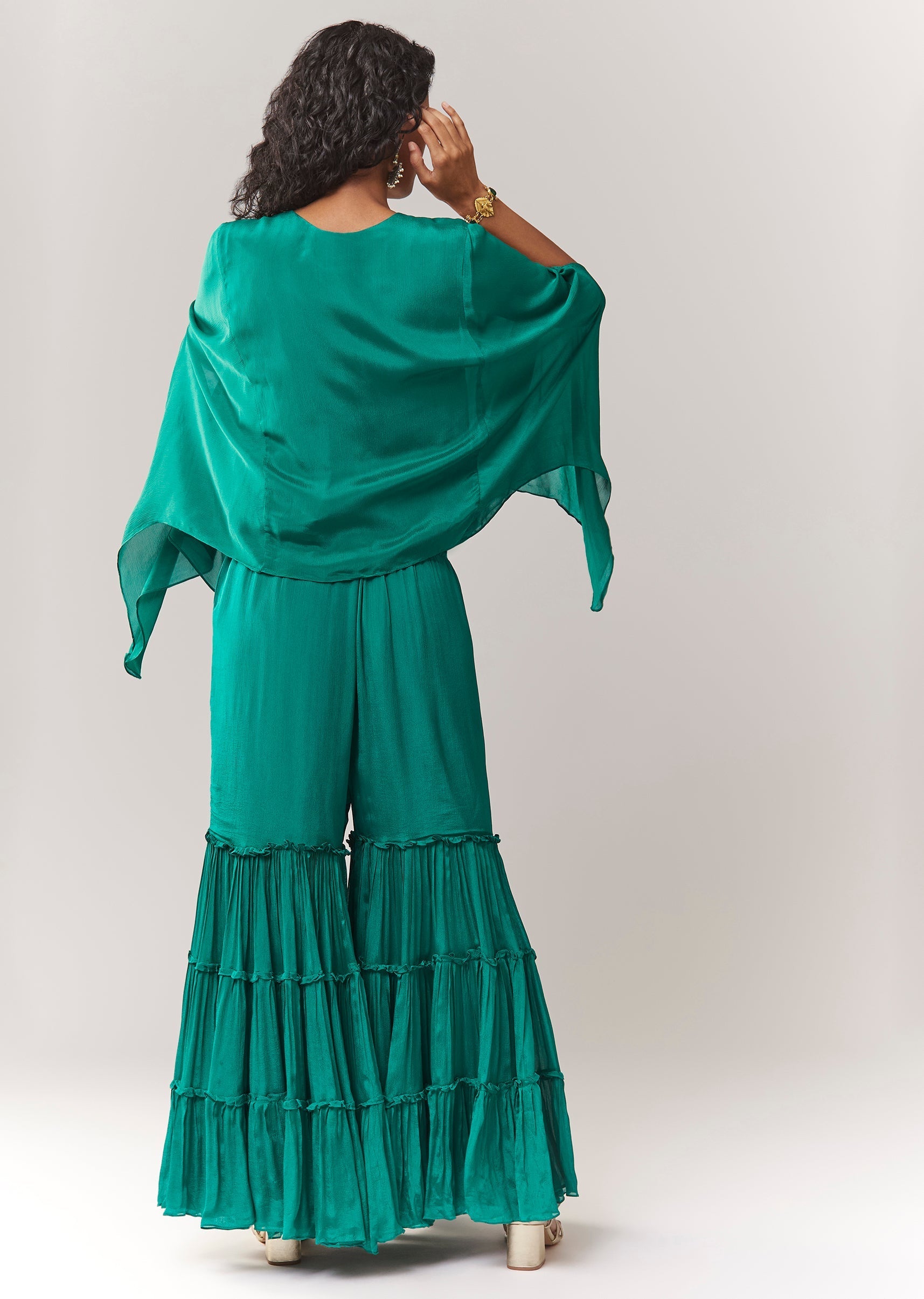 Green Cape Style Sharara Set With Thread And Zardosi