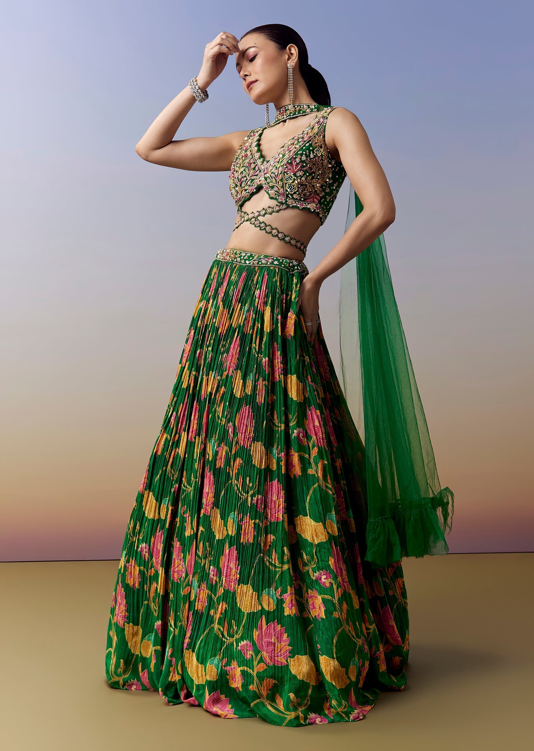 Green Lehenga With Floral Print And Sequins Moti Cut Dana Work