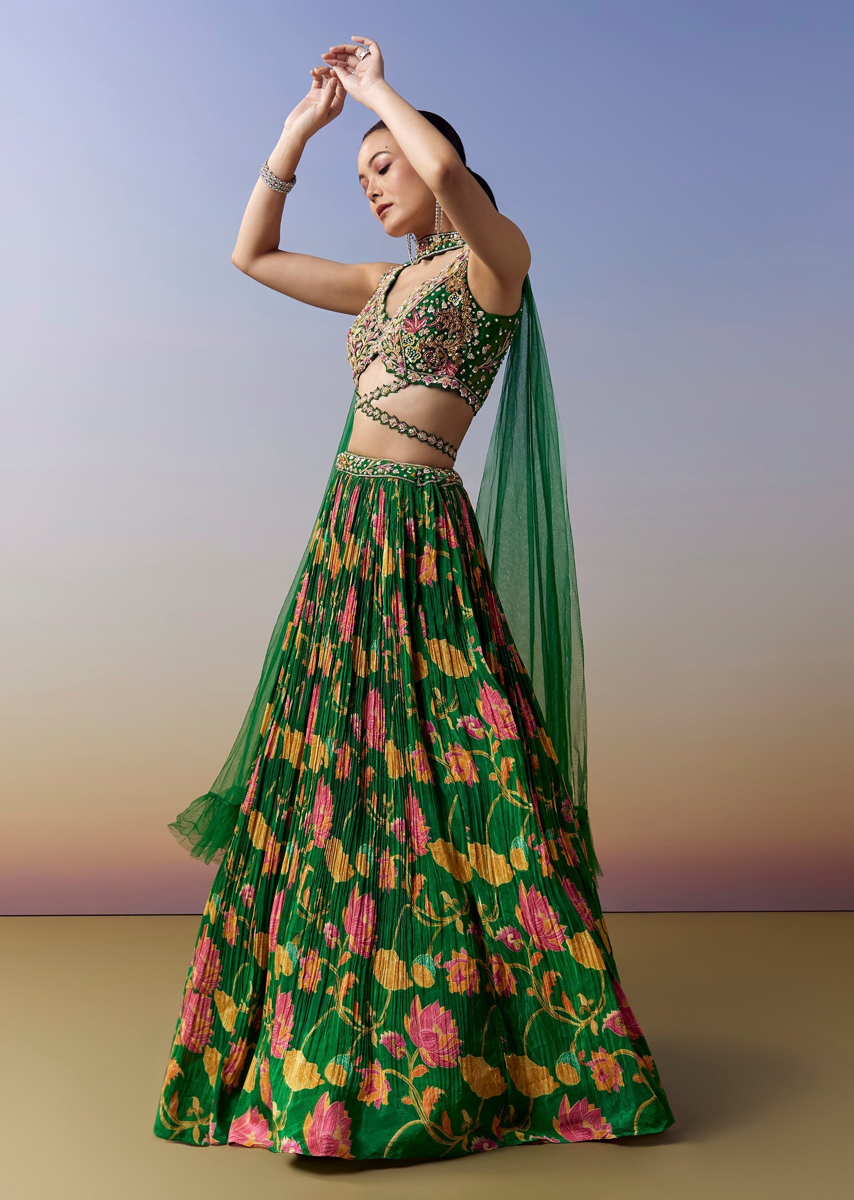 Green Lehenga With Floral Print And Sequins Moti Cut Dana Work