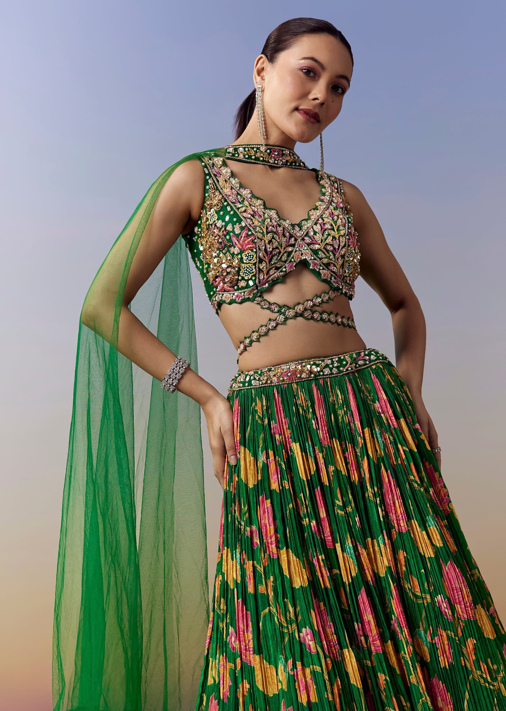 Green Lehenga With Floral Print And Sequins Moti Cut Dana Work