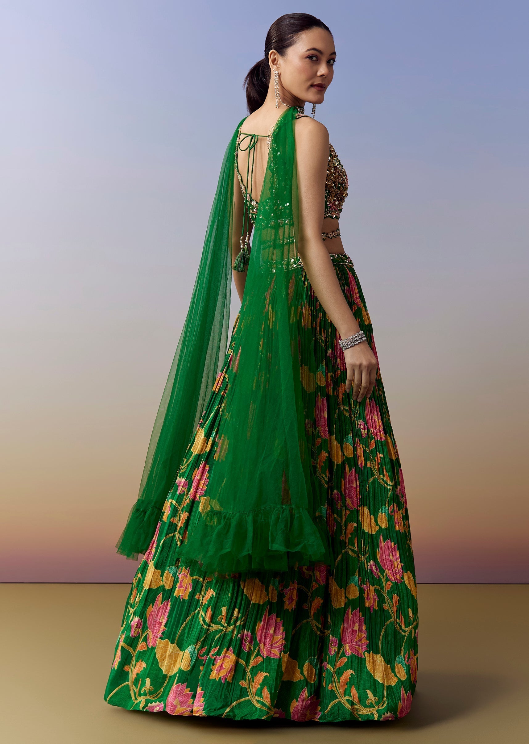 Green Lehenga With Floral Print And Sequins Moti Cut Dana Work