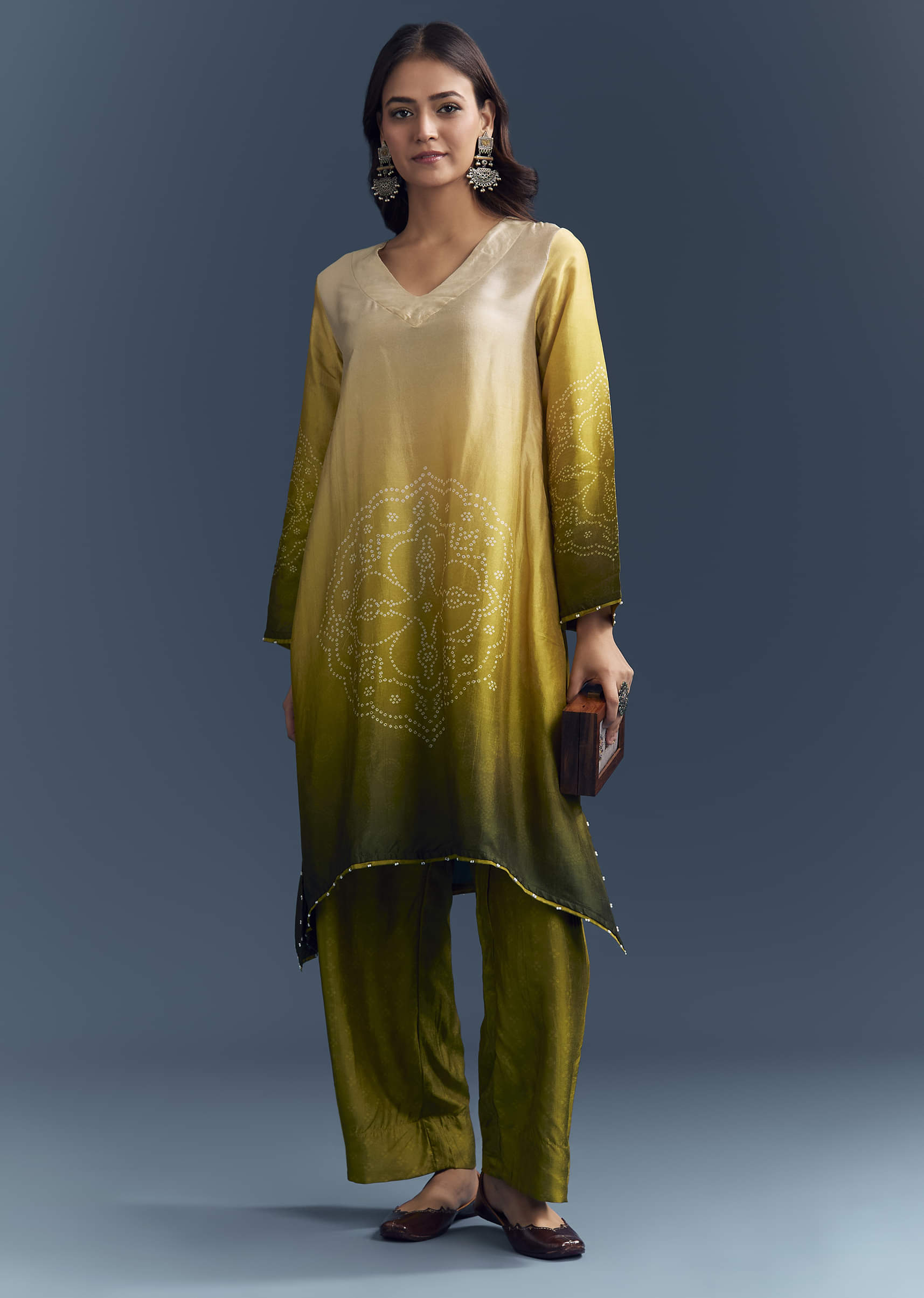 Green Ombre Satin Bandhani Co Ord Set With Moti Work