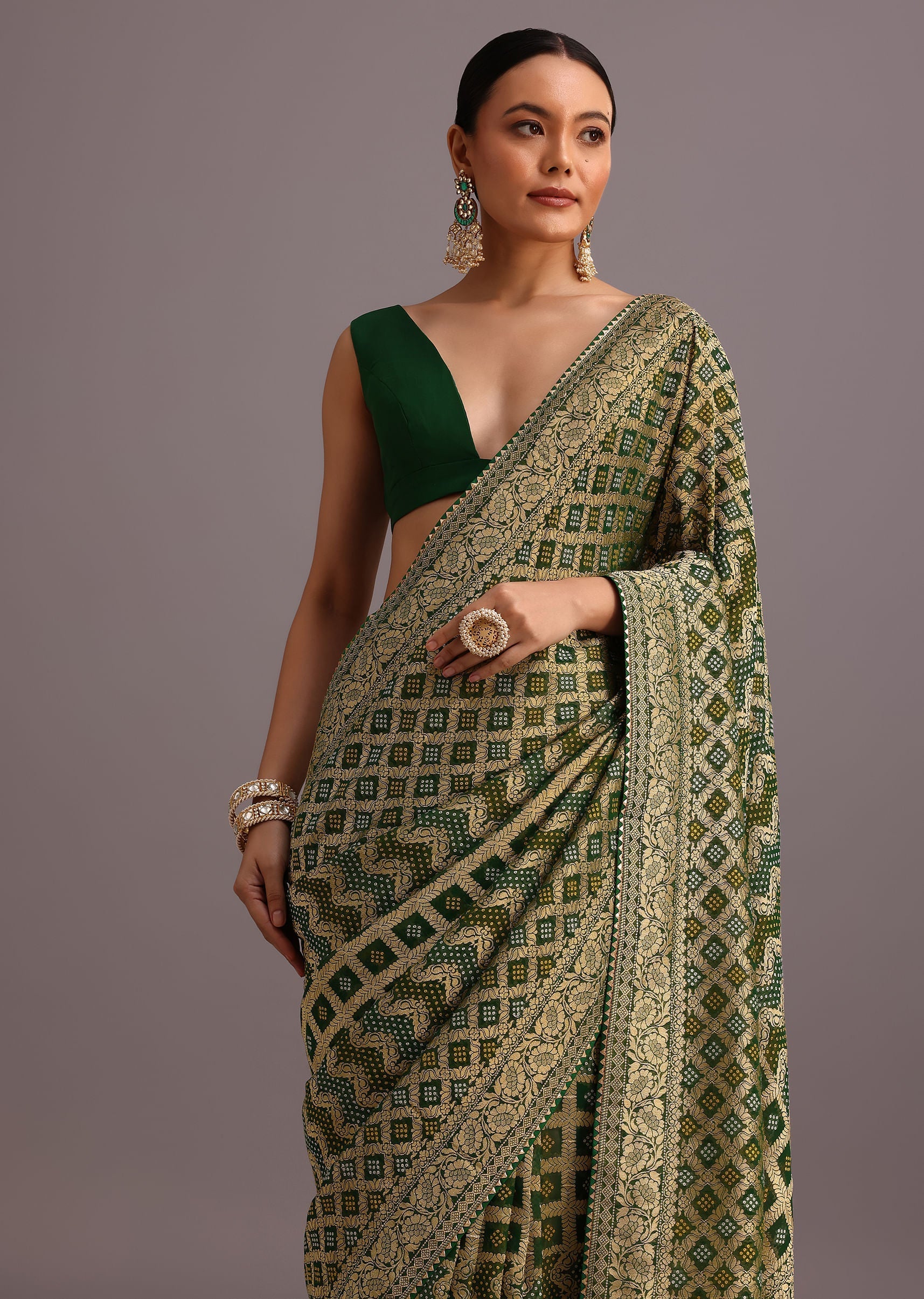 Green Khaddi Georgette Bandhani Saree With Zari Jaal Motif Weave
