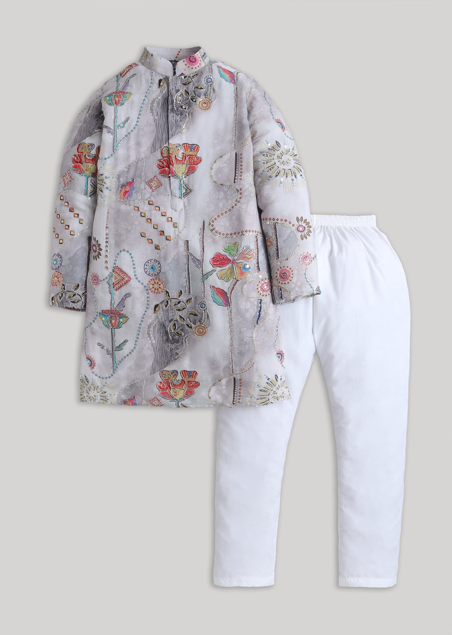 Grey Floral Sequin Cotton Kurta Set For Festive Wear