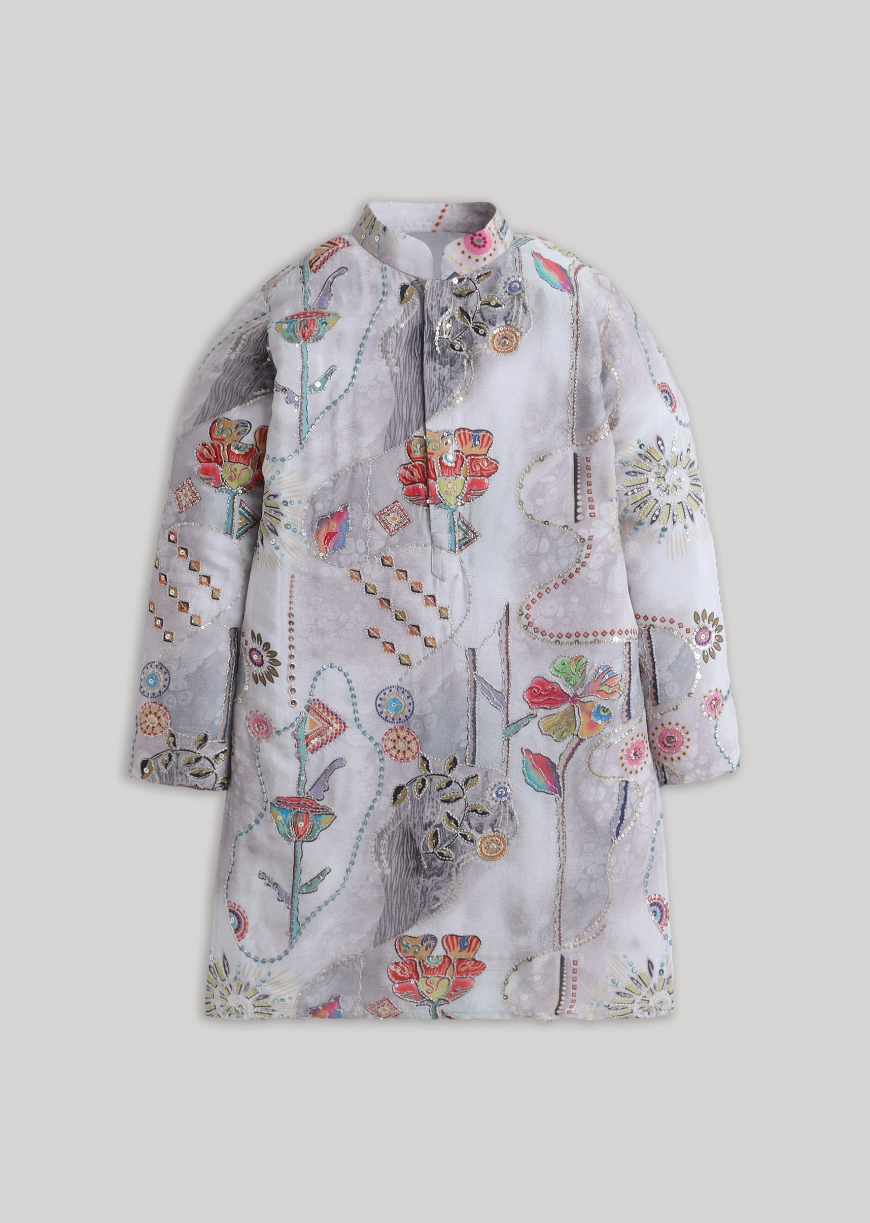 Grey Floral Sequin Cotton Kurta Set For Festive Wear