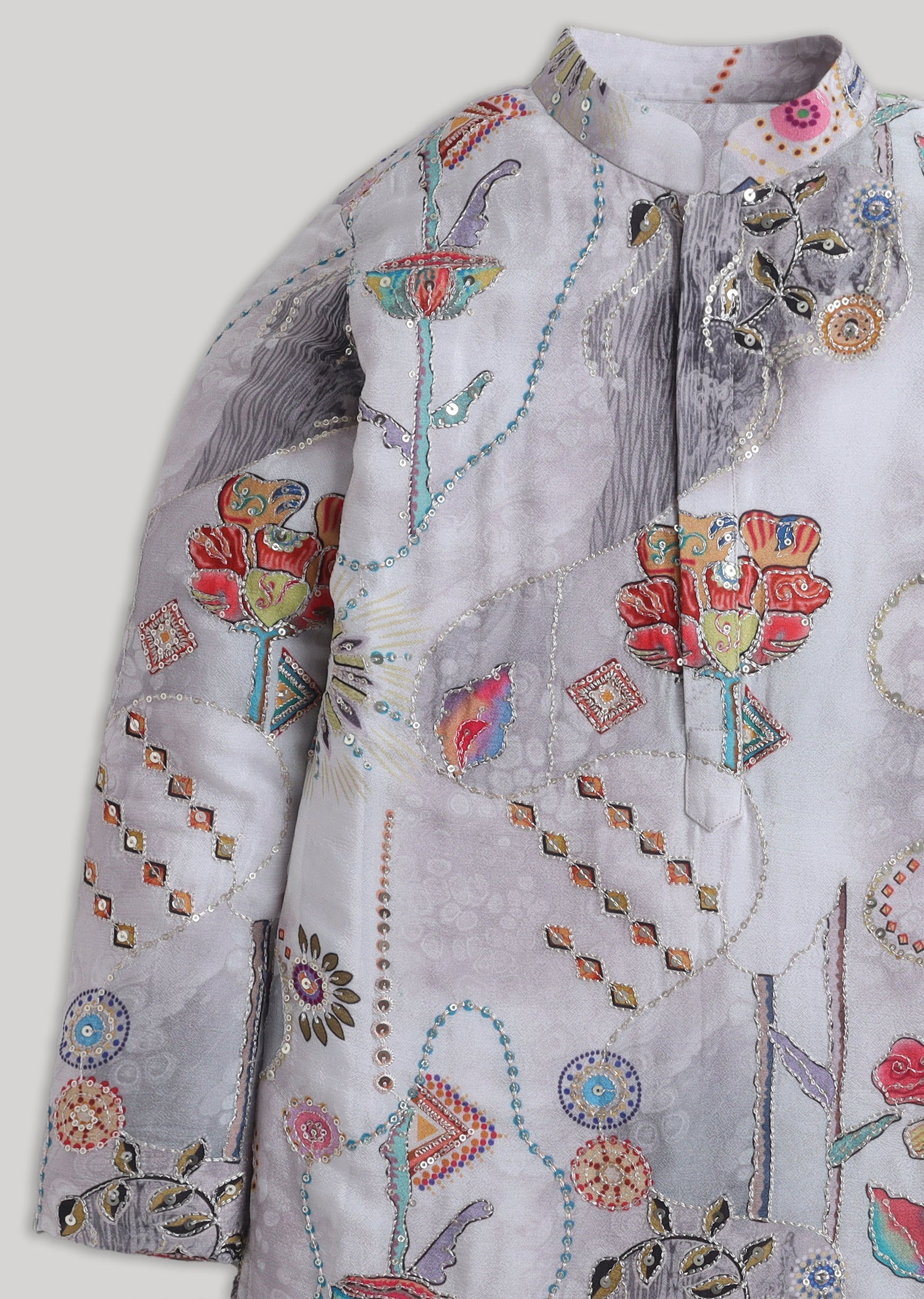 Grey Floral Sequin Cotton Kurta Set For Festive Wear