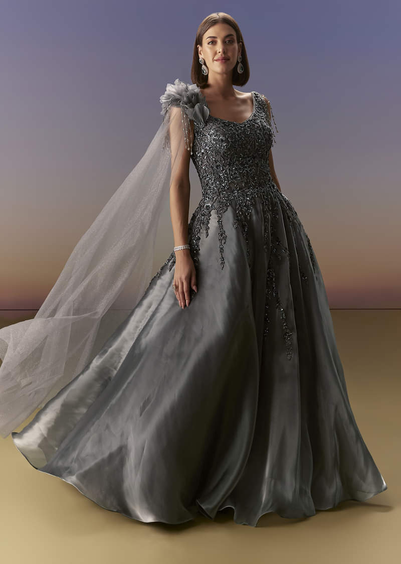 Grey Sleeveless Gown With Soft Net Trail And Shimmer