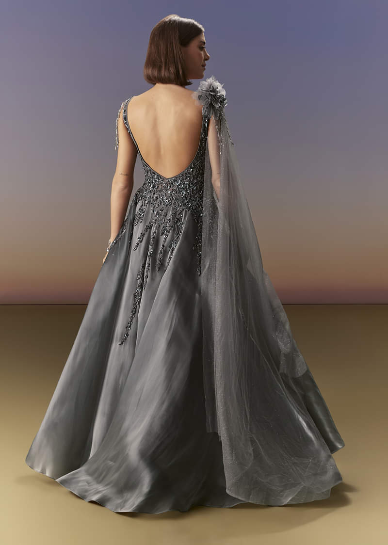 Grey Sleeveless Gown With Soft Net Trail And Shimmer