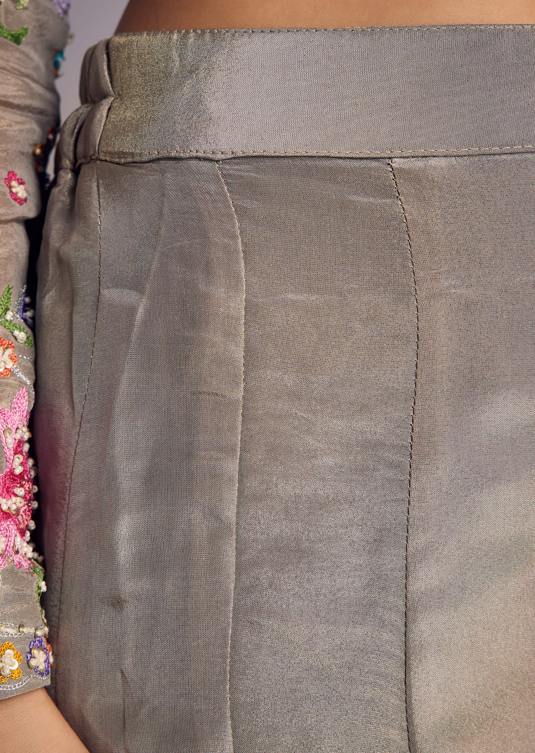 Grey Tissue Anarkali Set With Resham And Moti Work