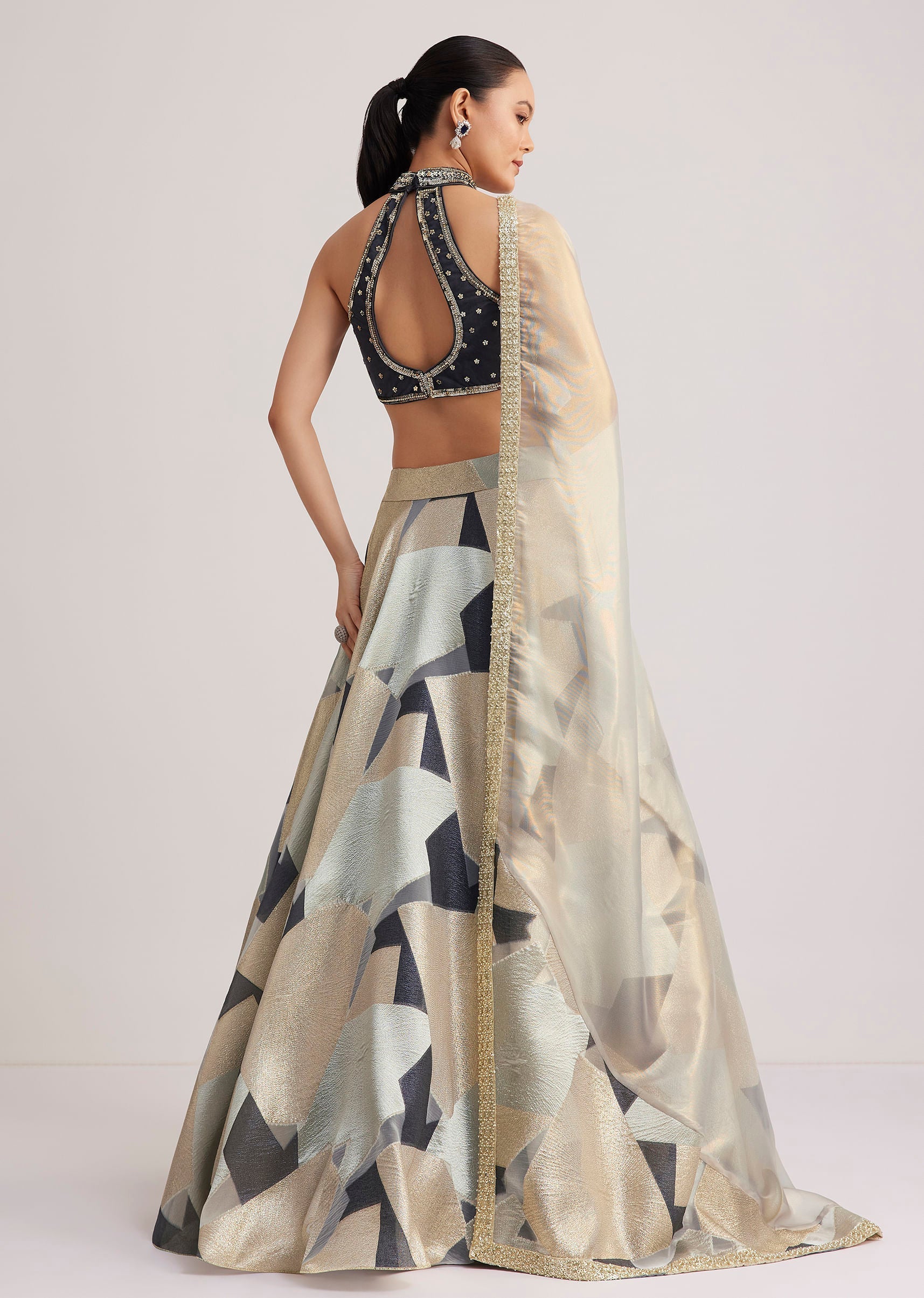 Grey And Gold Net Embroidered Lehenga Set