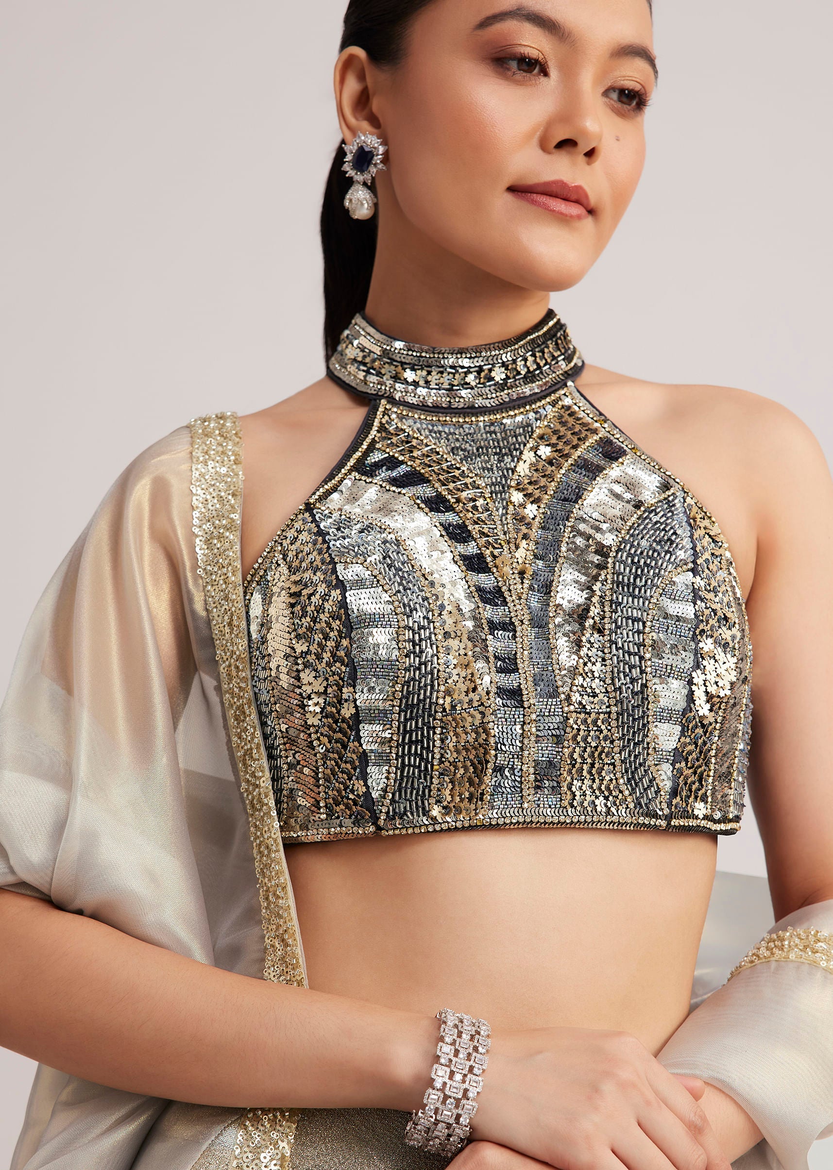Grey And Gold Net Embroidered Lehenga Set