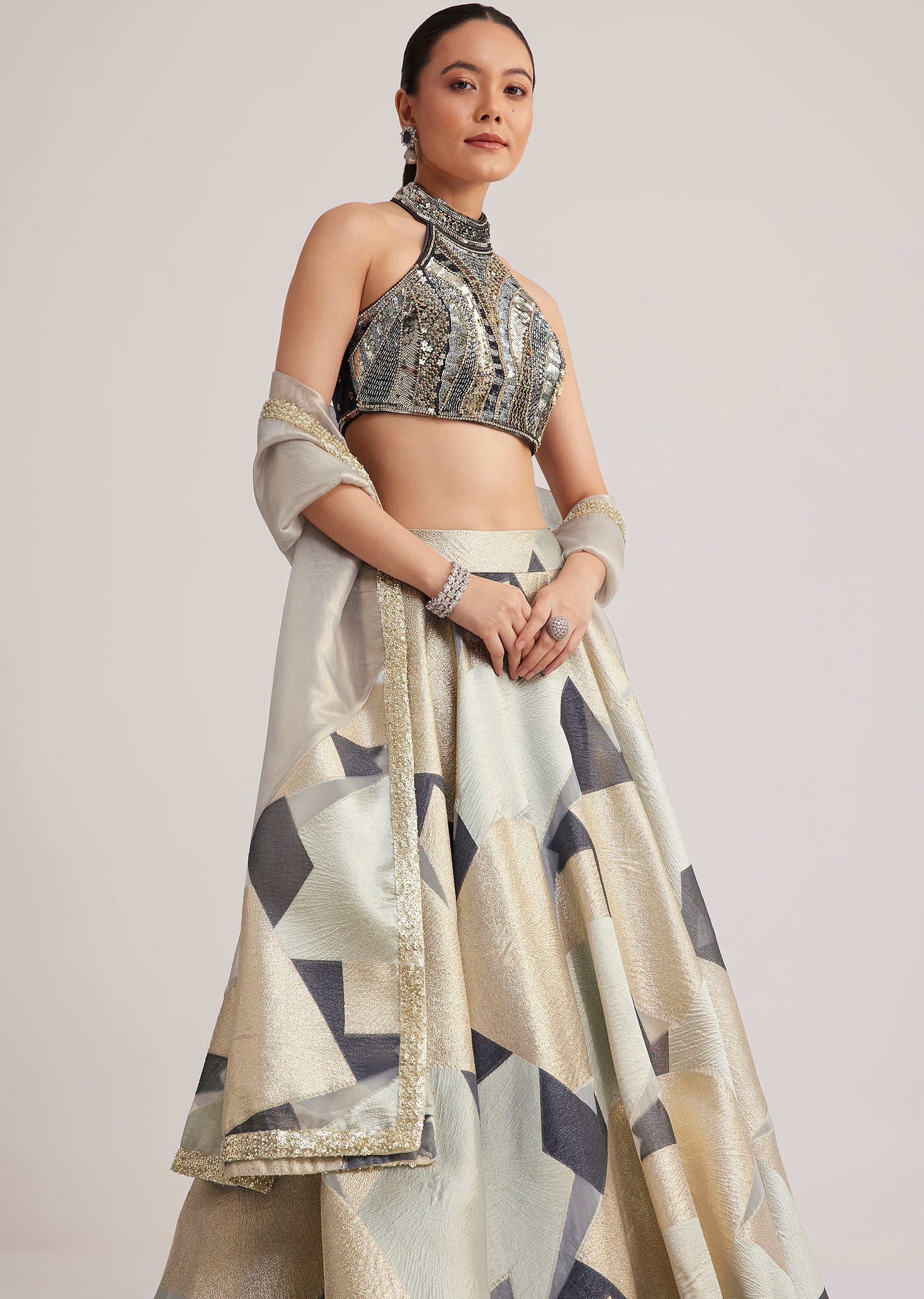 Grey And Gold Net Embroidered Lehenga Set