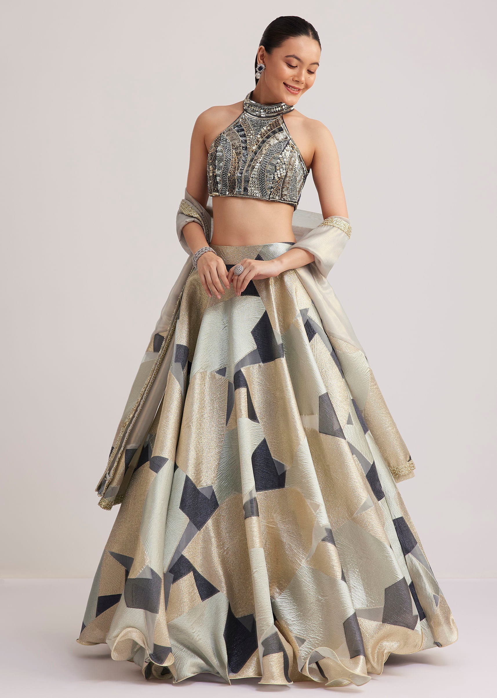Grey And Gold Net Embroidered Lehenga Set