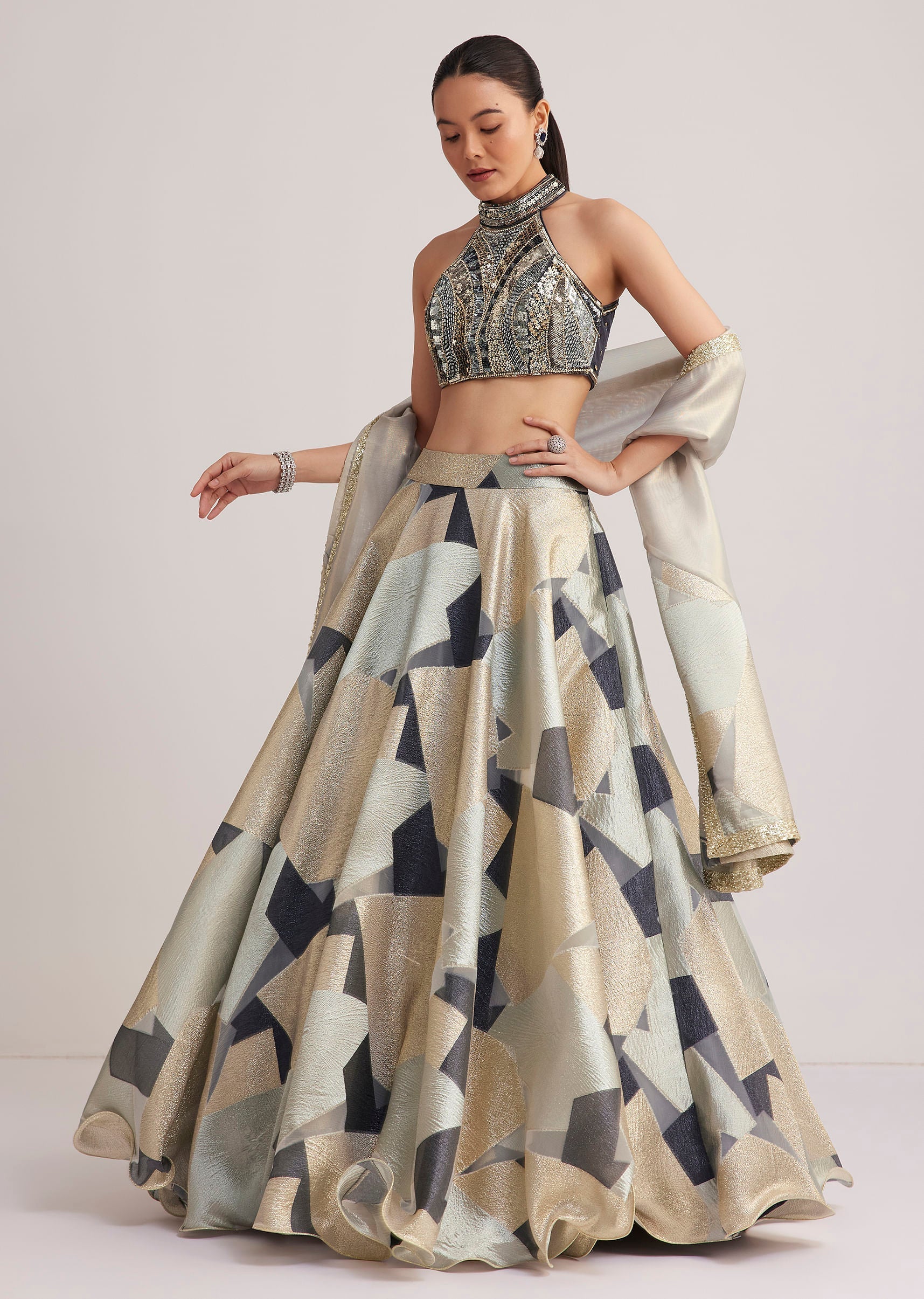 Grey And Gold Net Embroidered Lehenga Set