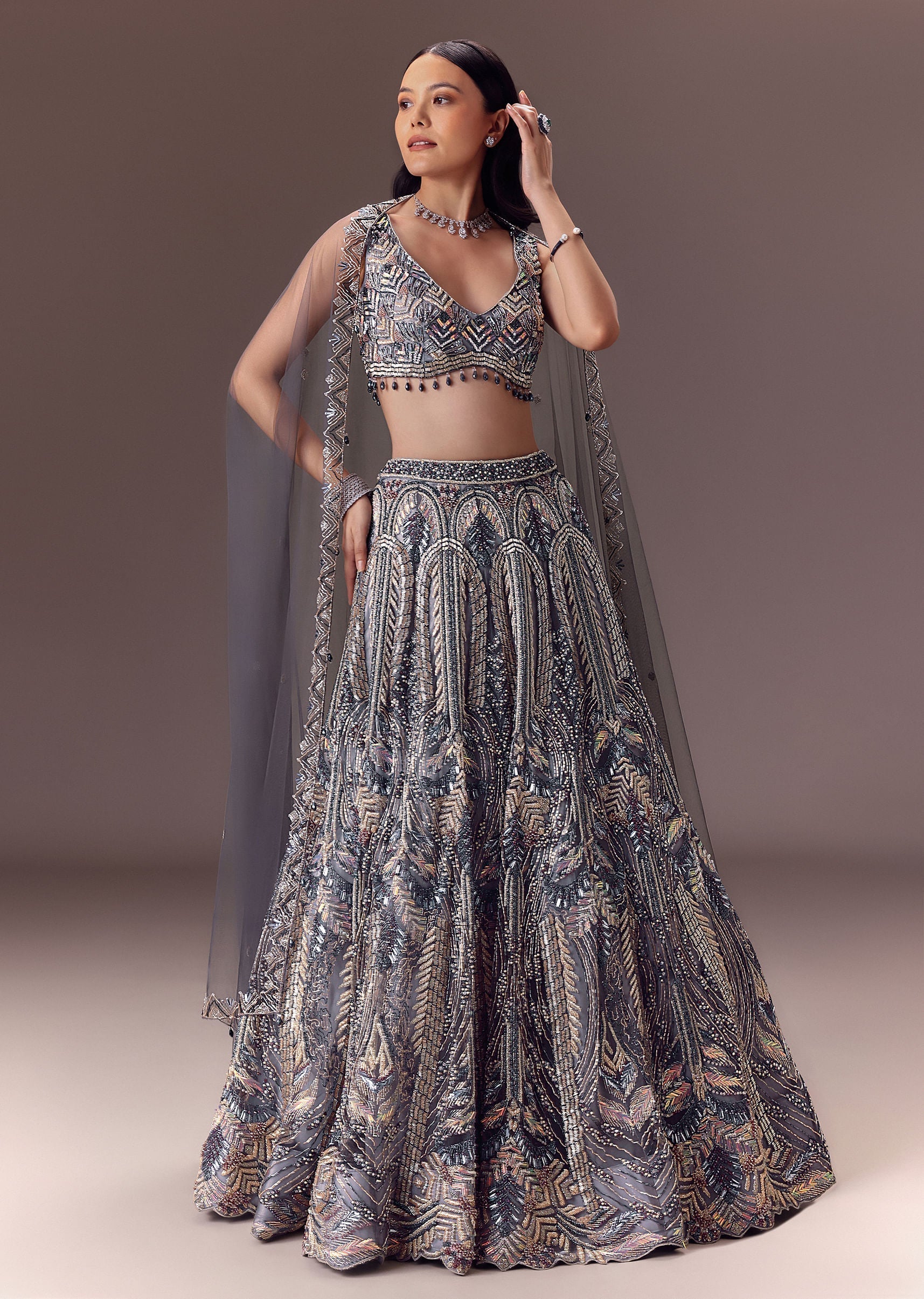Grey Shimmer Net Lehenga Set With Cape Style Dupatta
