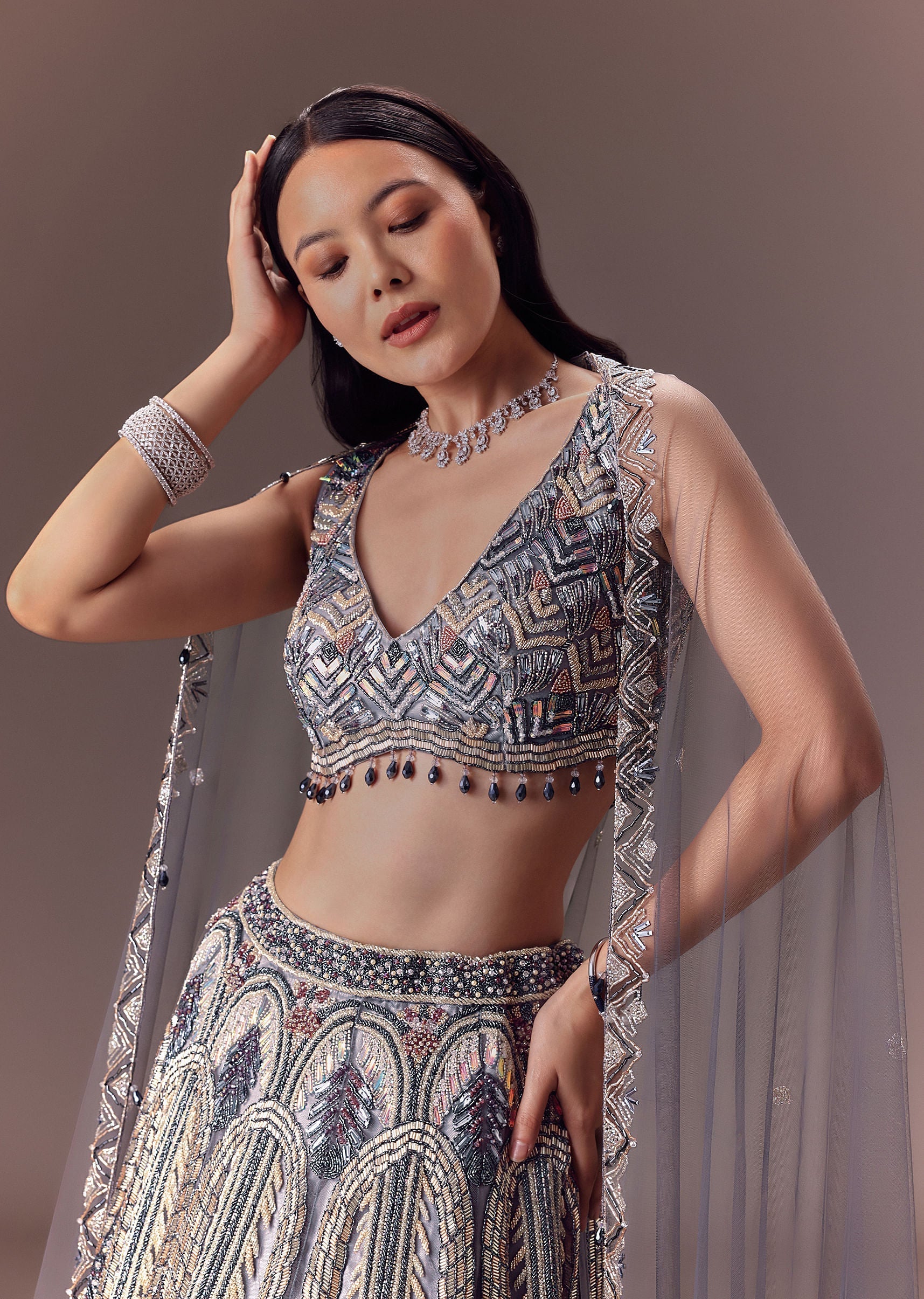 Grey Shimmer Net Lehenga Set With Cape Style Dupatta