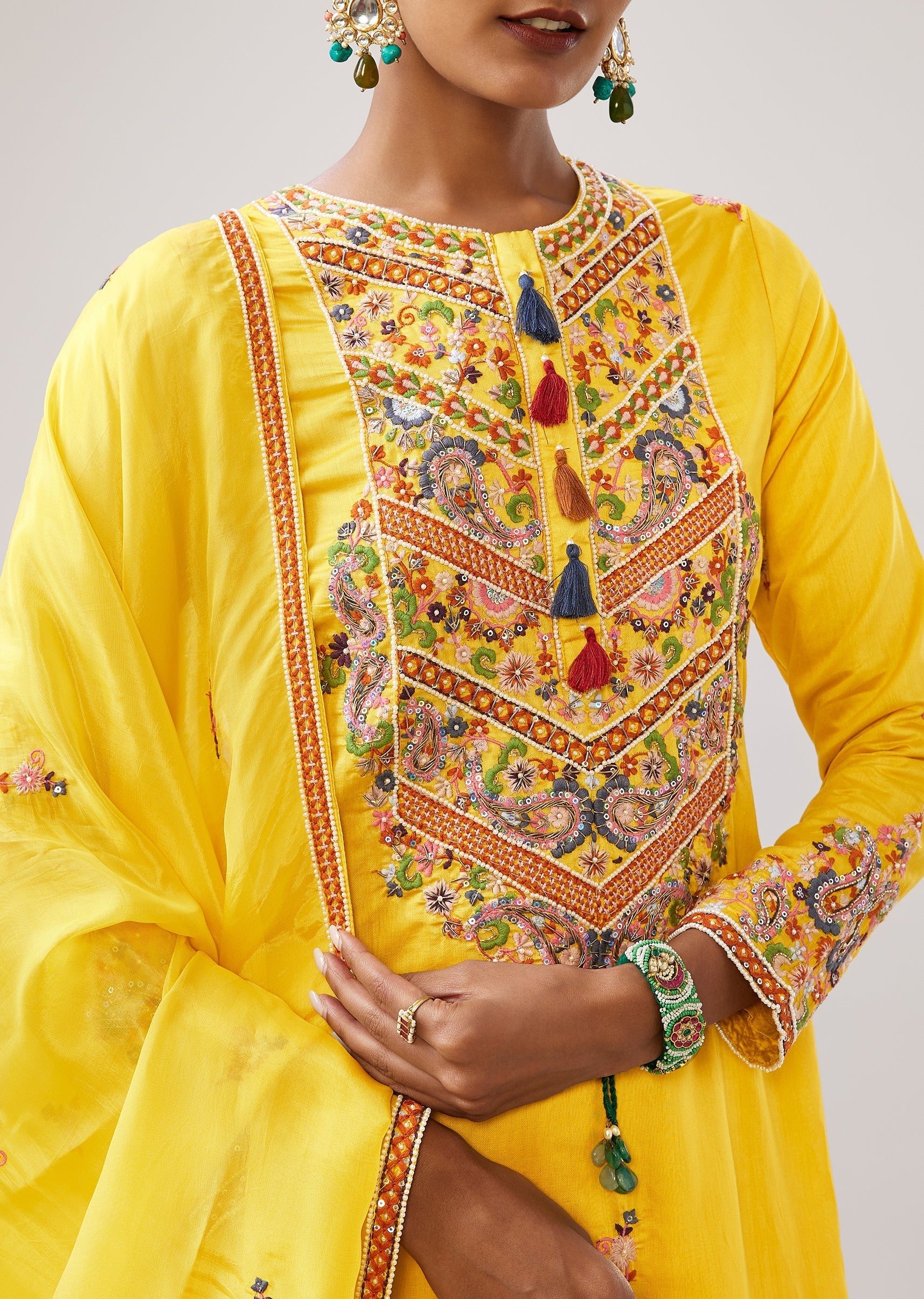Haldi Yellow Thread Embroidered Palazzo Suit With Dupatta