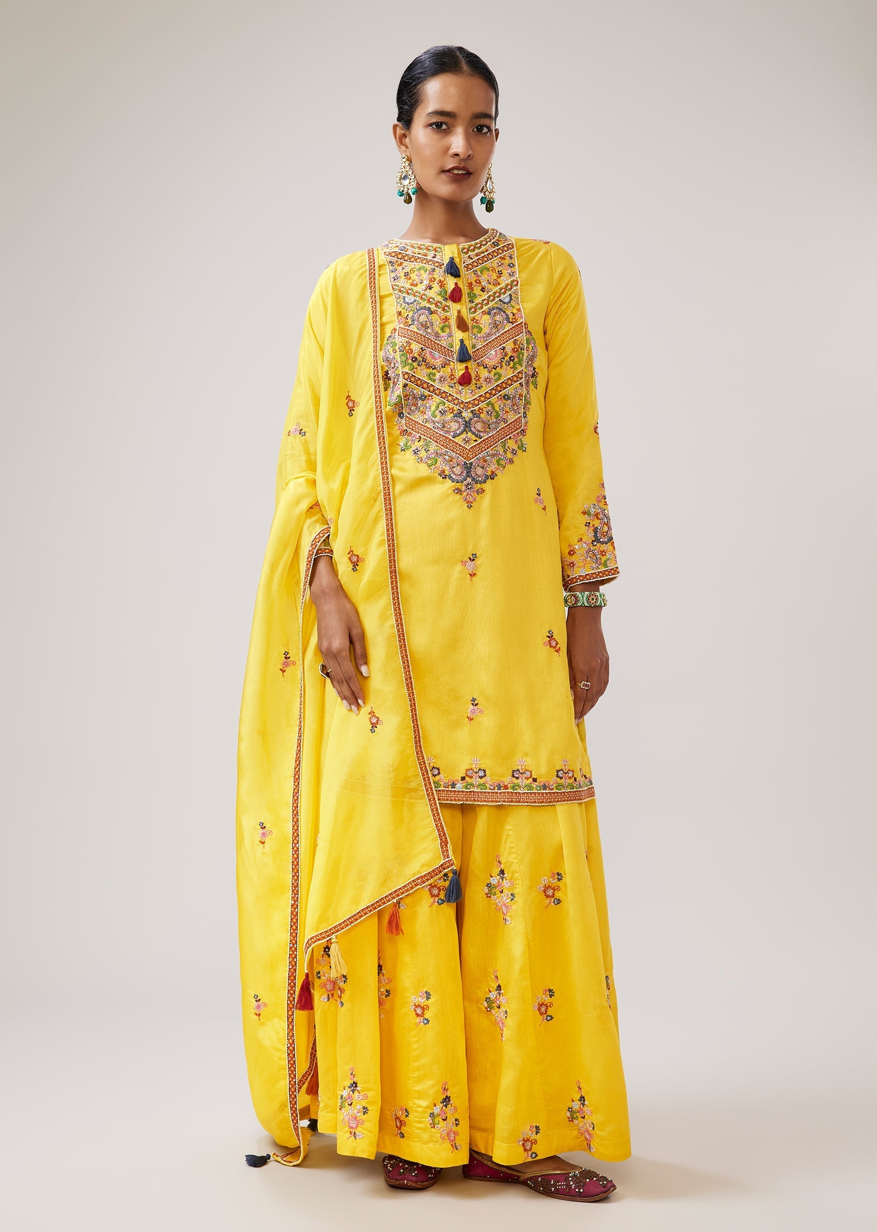 Haldi Yellow Thread Embroidered Palazzo Suit With Dupatta