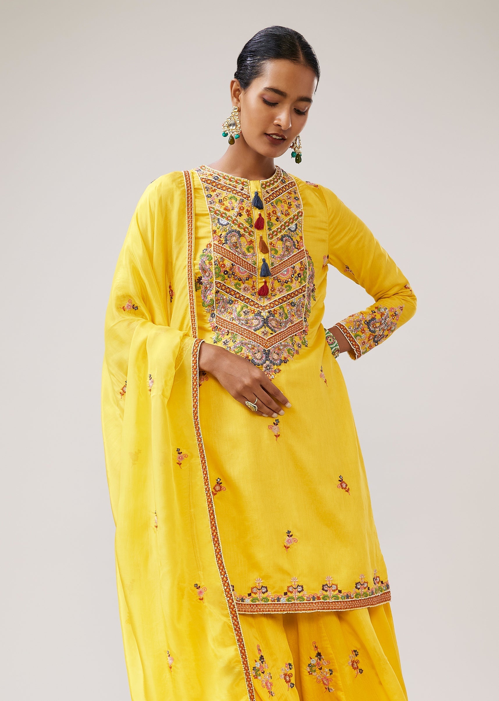 Haldi Yellow Thread Embroidered Palazzo Suit With Dupatta