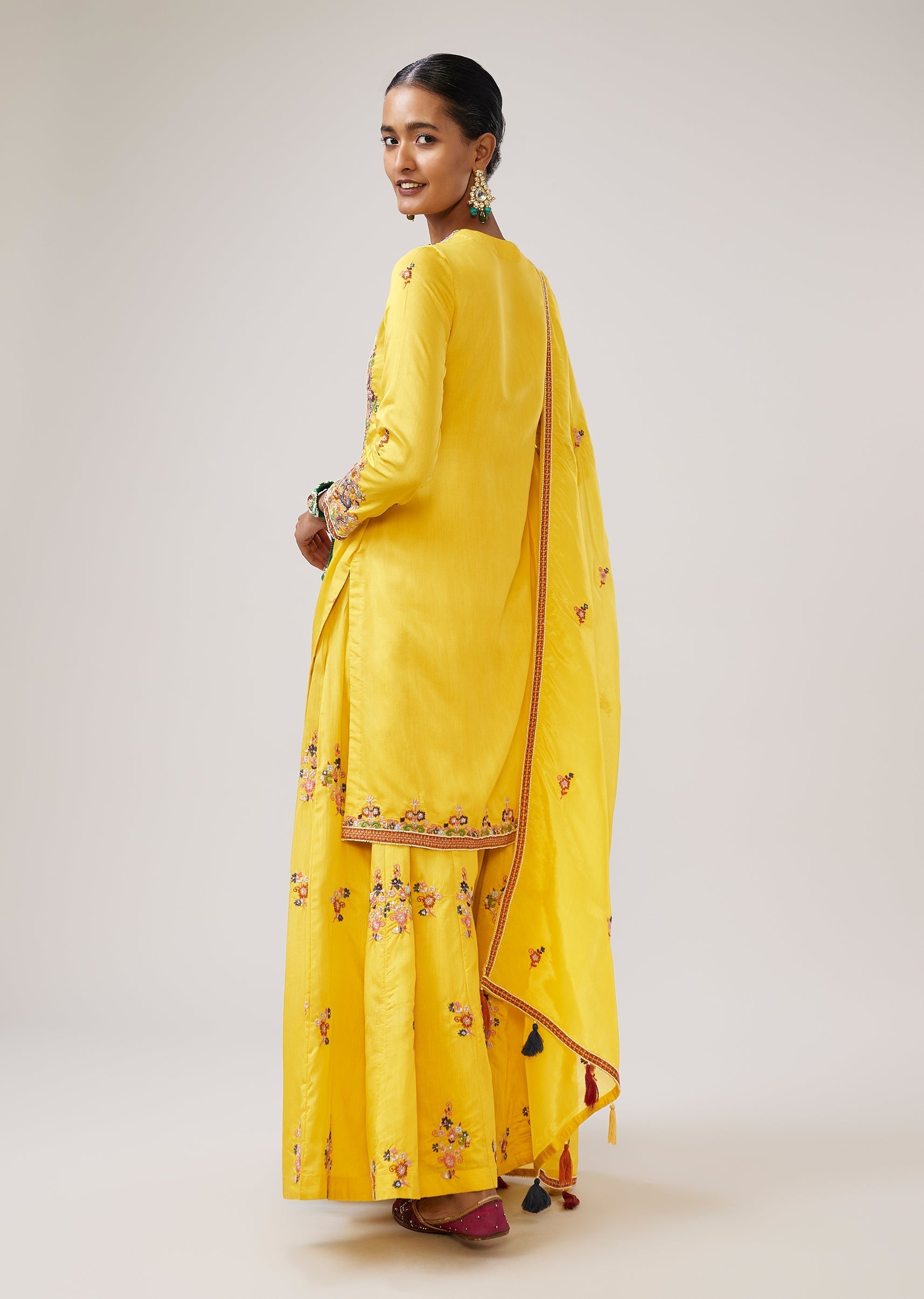 Haldi Yellow Thread Embroidered Palazzo Suit With Dupatta