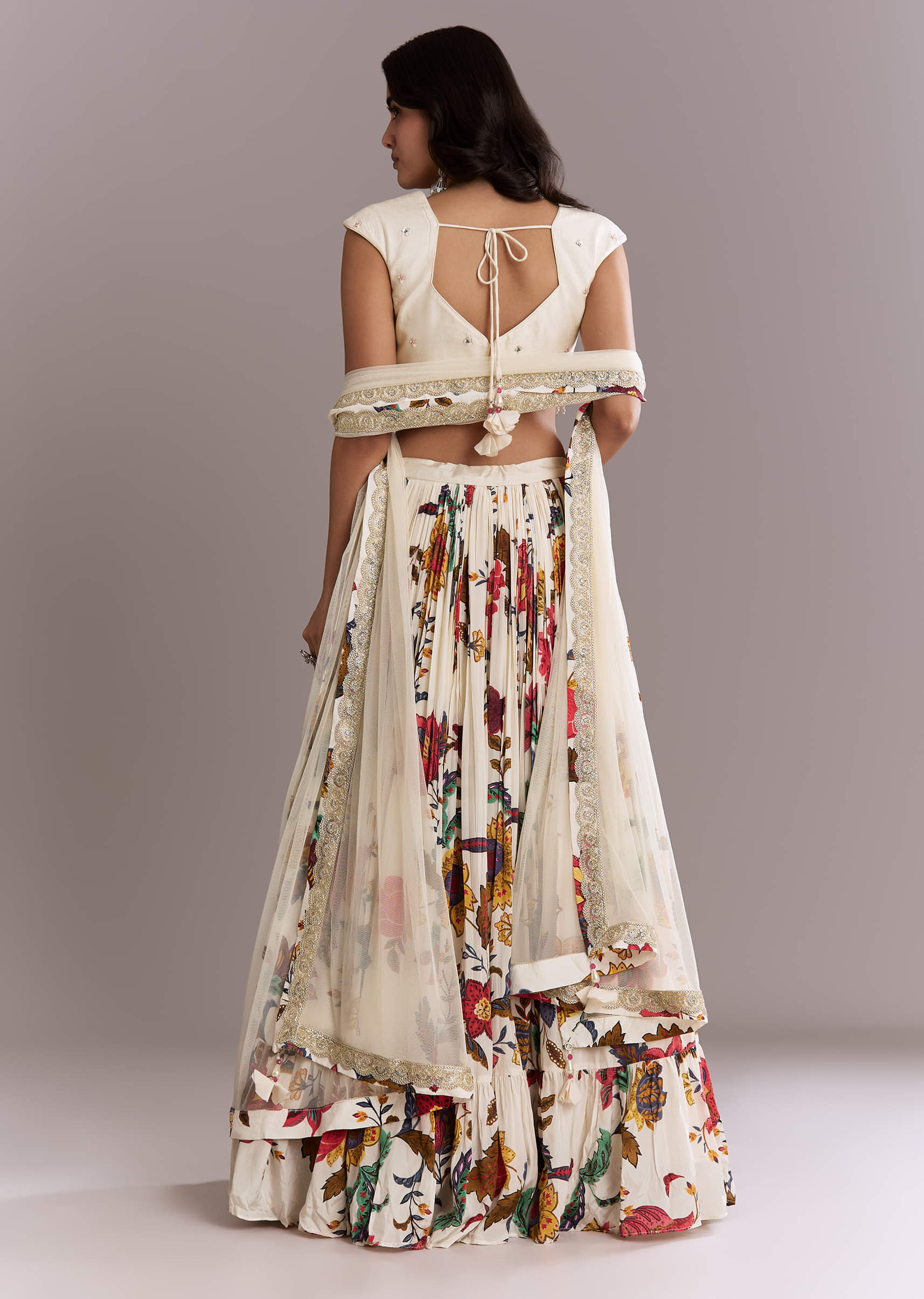 Ivory Crepe Floral Bridesmaid Lehenga With Heavy Hand Embroidery
