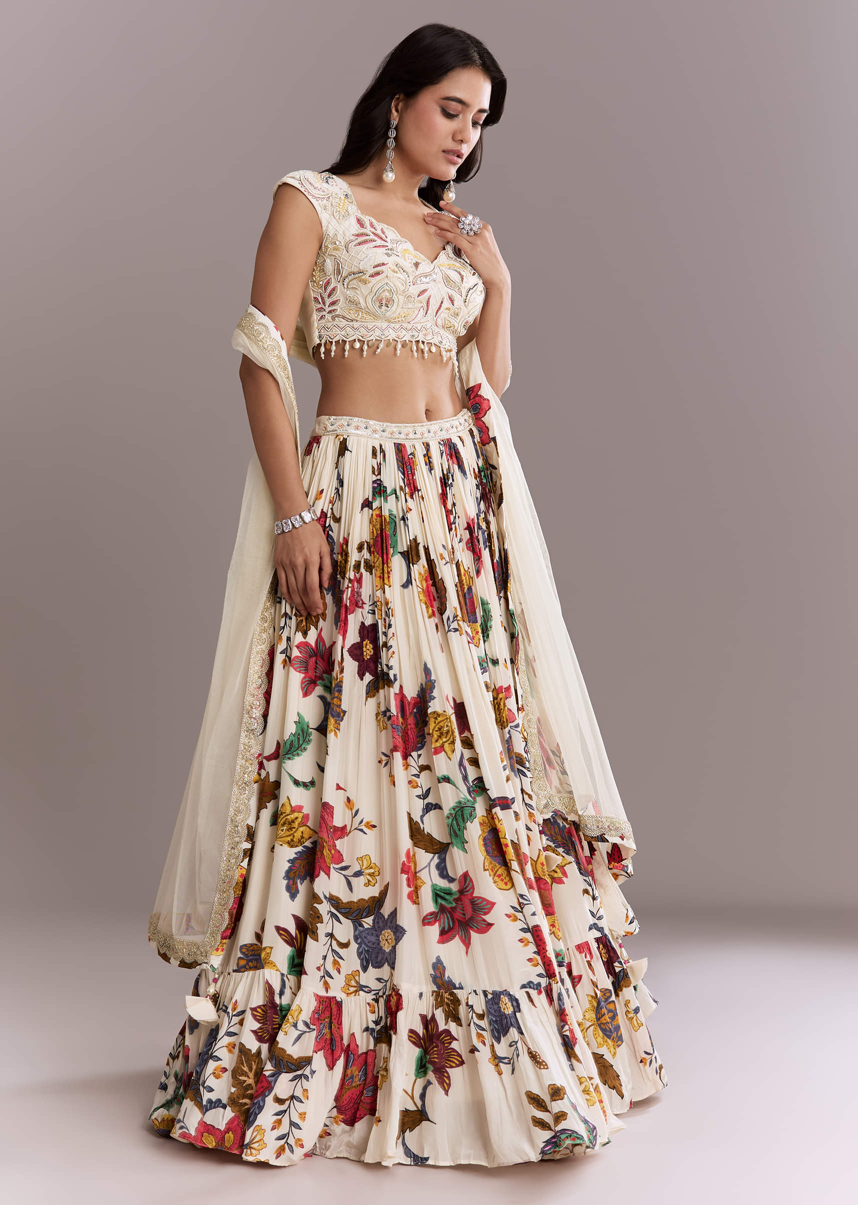 Ivory Crepe Floral Bridesmaid Lehenga With Heavy Hand Embroidery