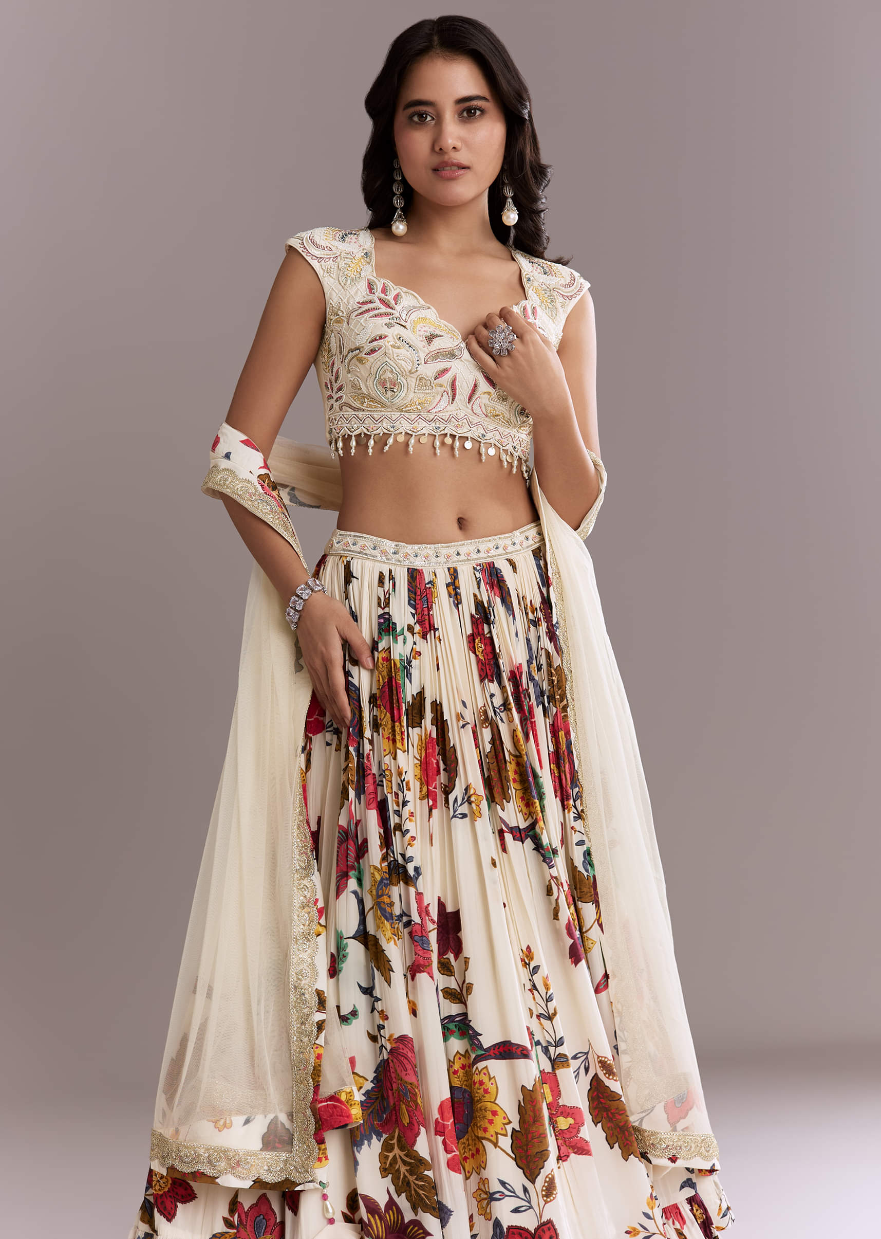 Ivory Crepe Floral Bridesmaid Lehenga With Heavy Hand Embroidery