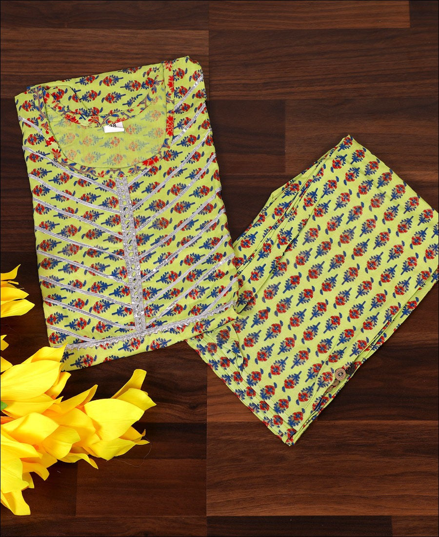 Lime Yellow Rayon Printed Kurti Set