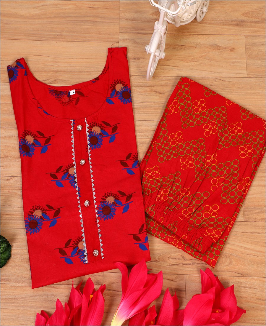 Red Coloured Cotton Block Print Kurti Set