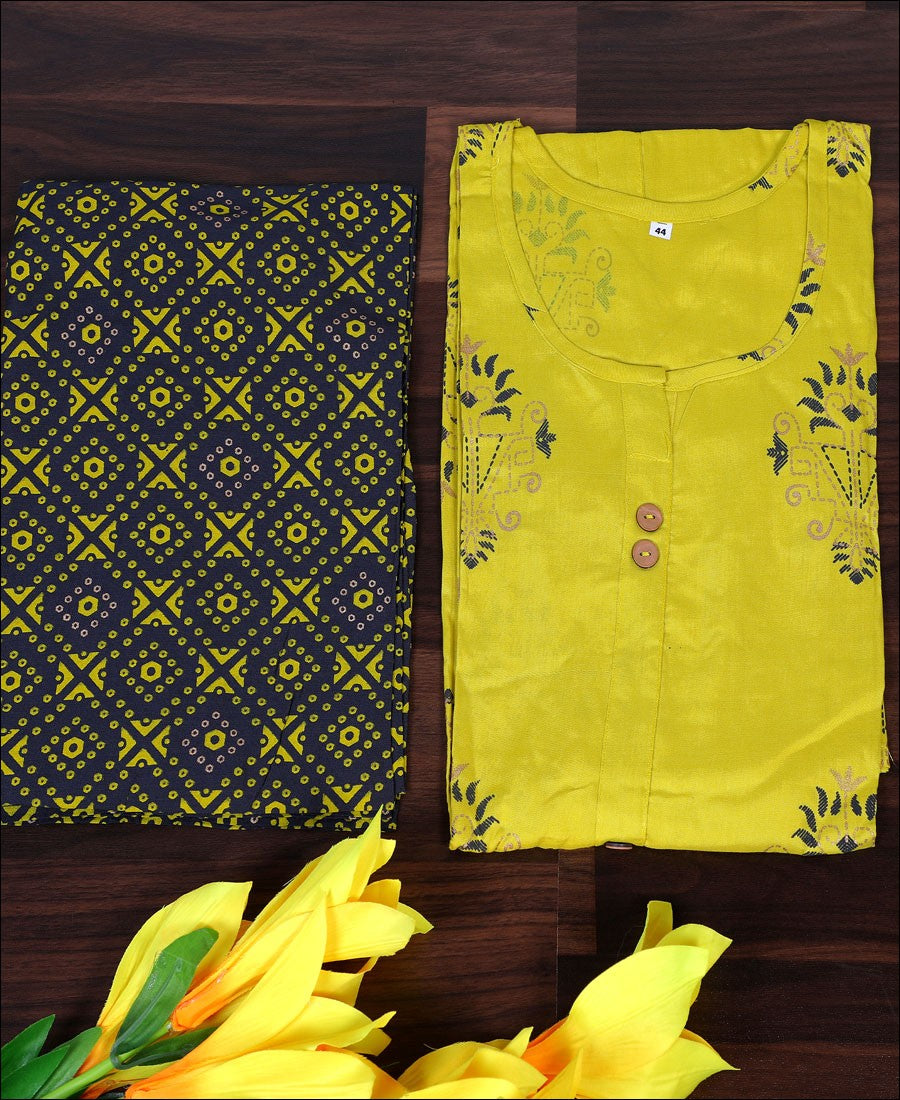 Lemon Yellow Coloured Cotton Block Print Kurti Set