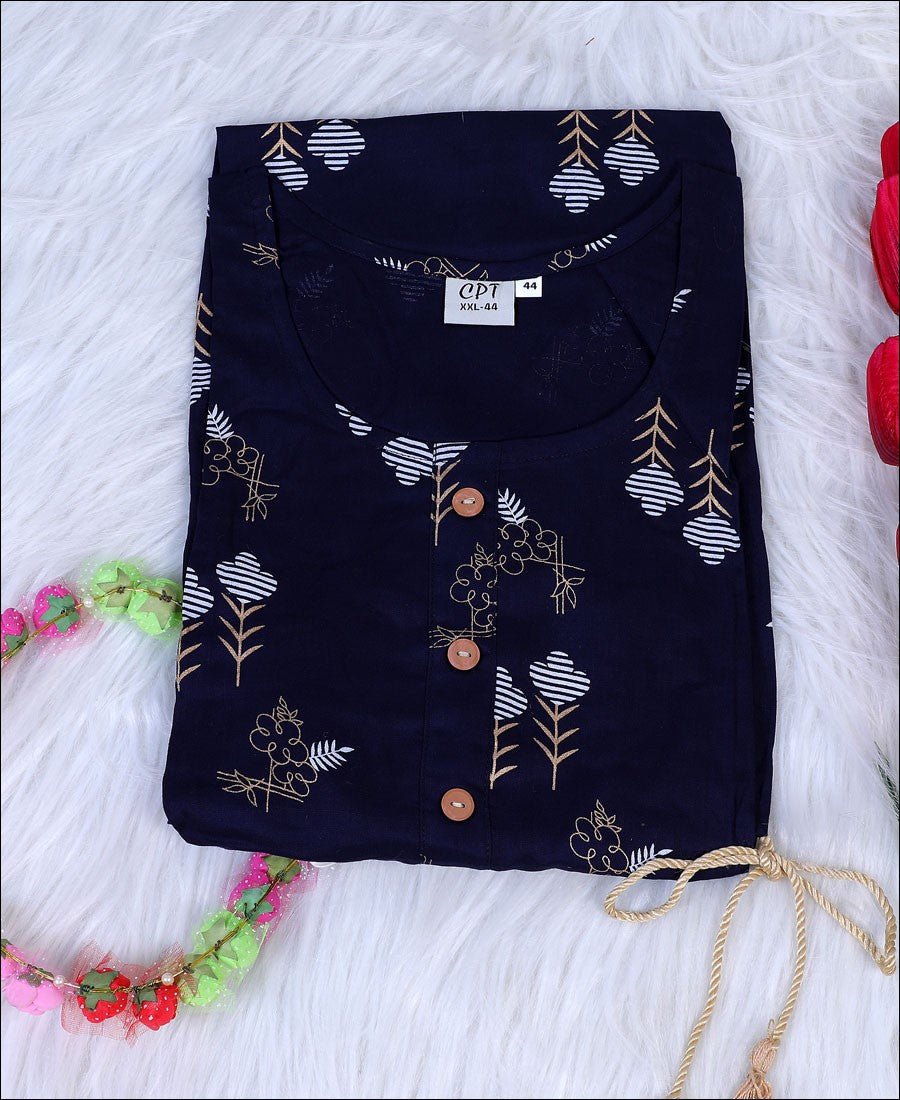 Navy Blue Coloured Cotton Block Print Kurti