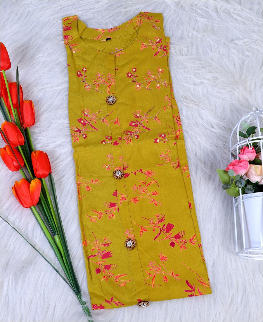 Lime Yellow Coloured Rayon Printed Hand Work Kurti
