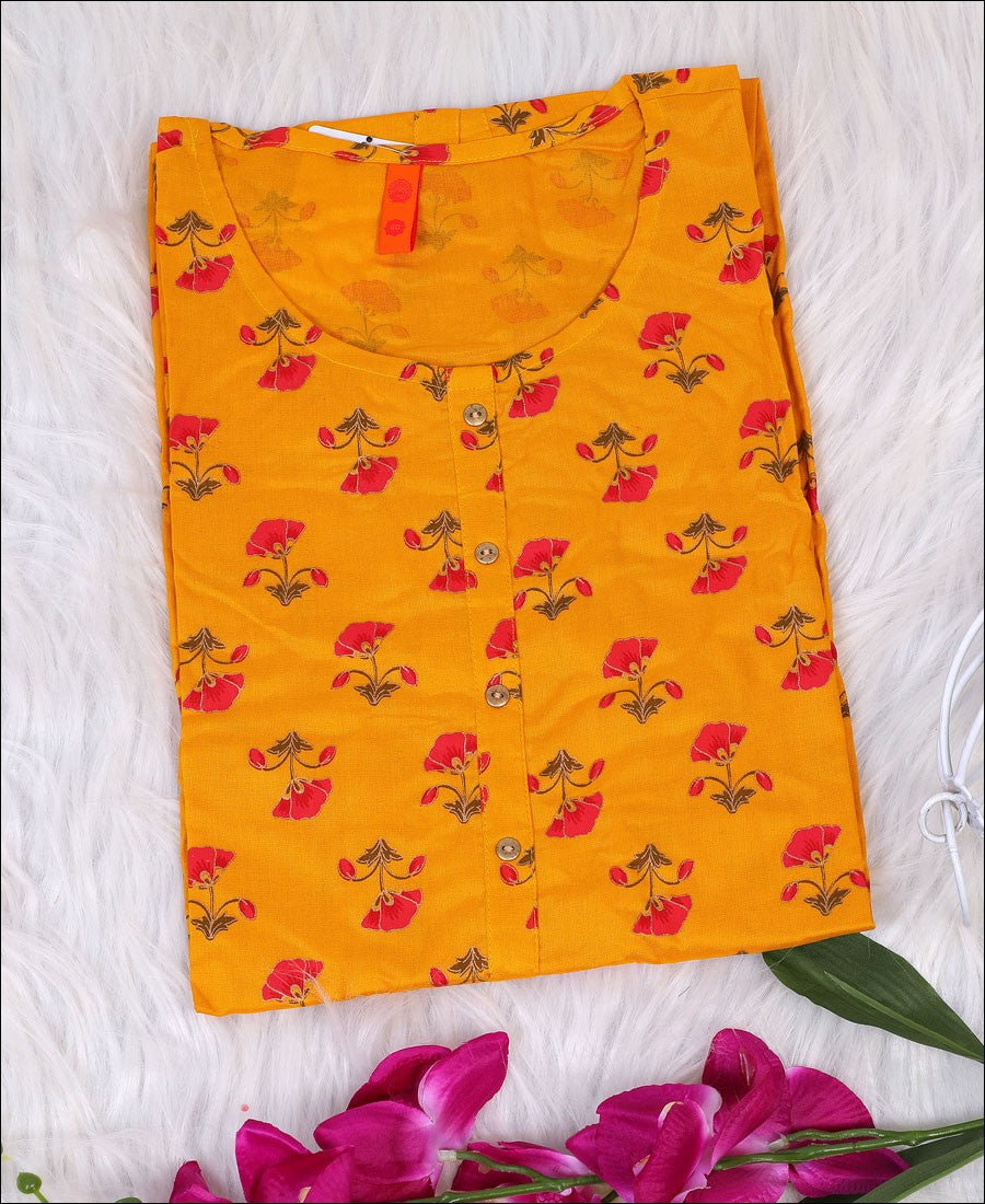 Mustard Coloured Cotton Block Print Kurti