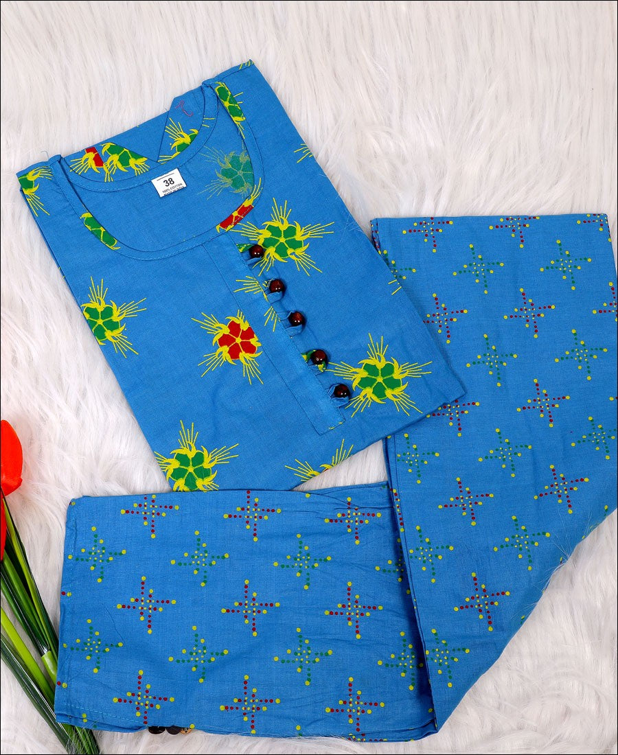 Blue Coloured Cotton Block Print Kurti Set