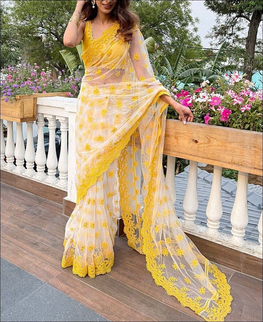 RE - White and Yellow Butterfly Net Thread Work Saree