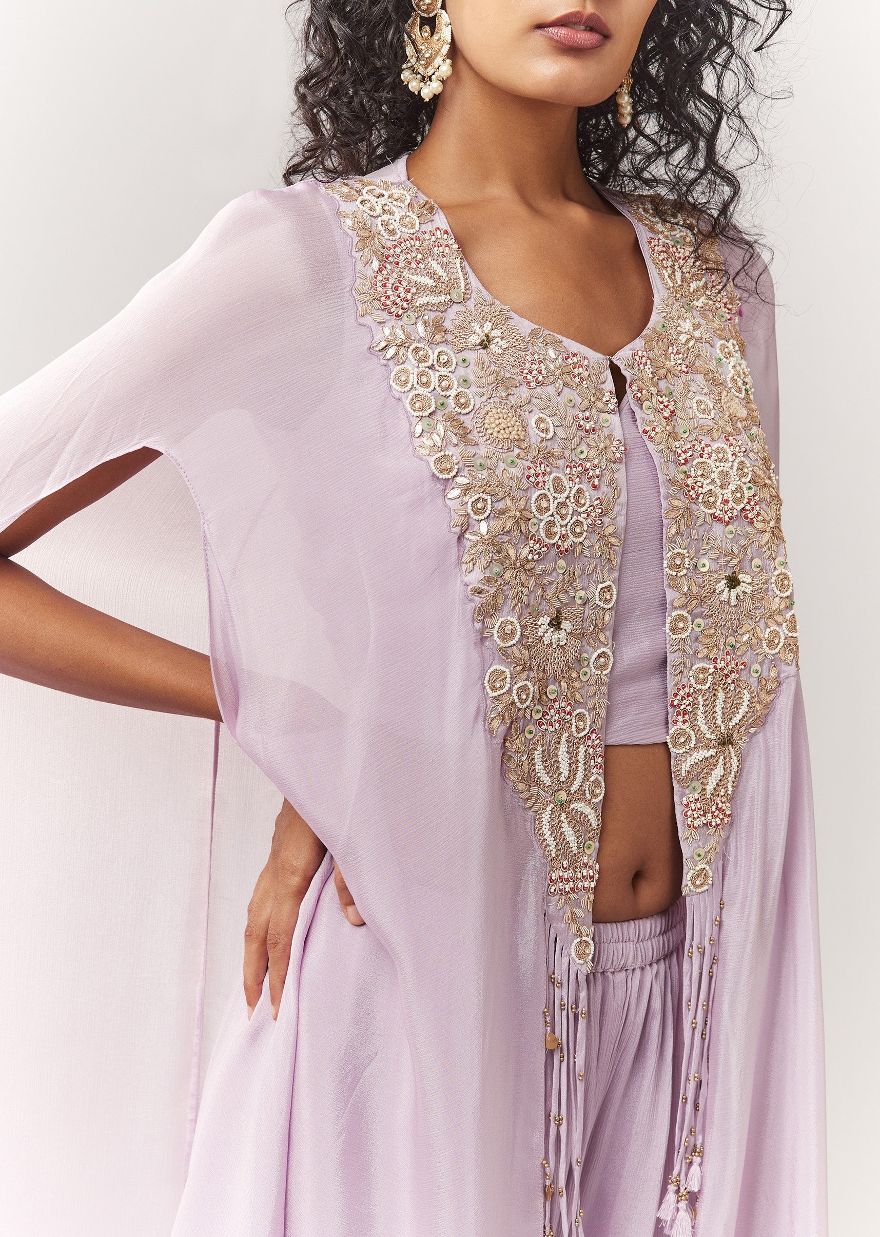 Lavender Zardosi And Moti Work Cape Set With Palazzo