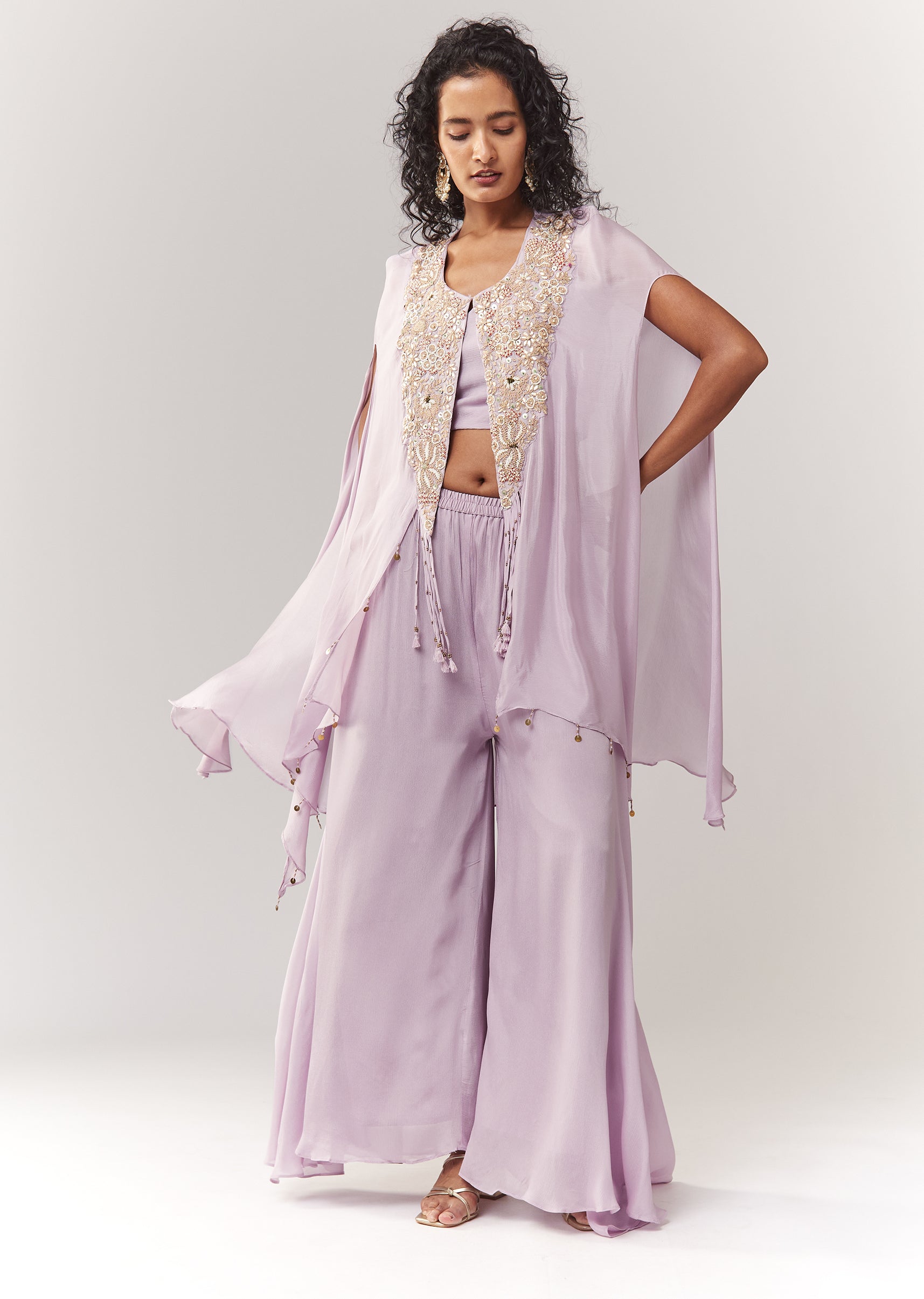 Lavender Zardosi And Moti Work Cape Set With Palazzo