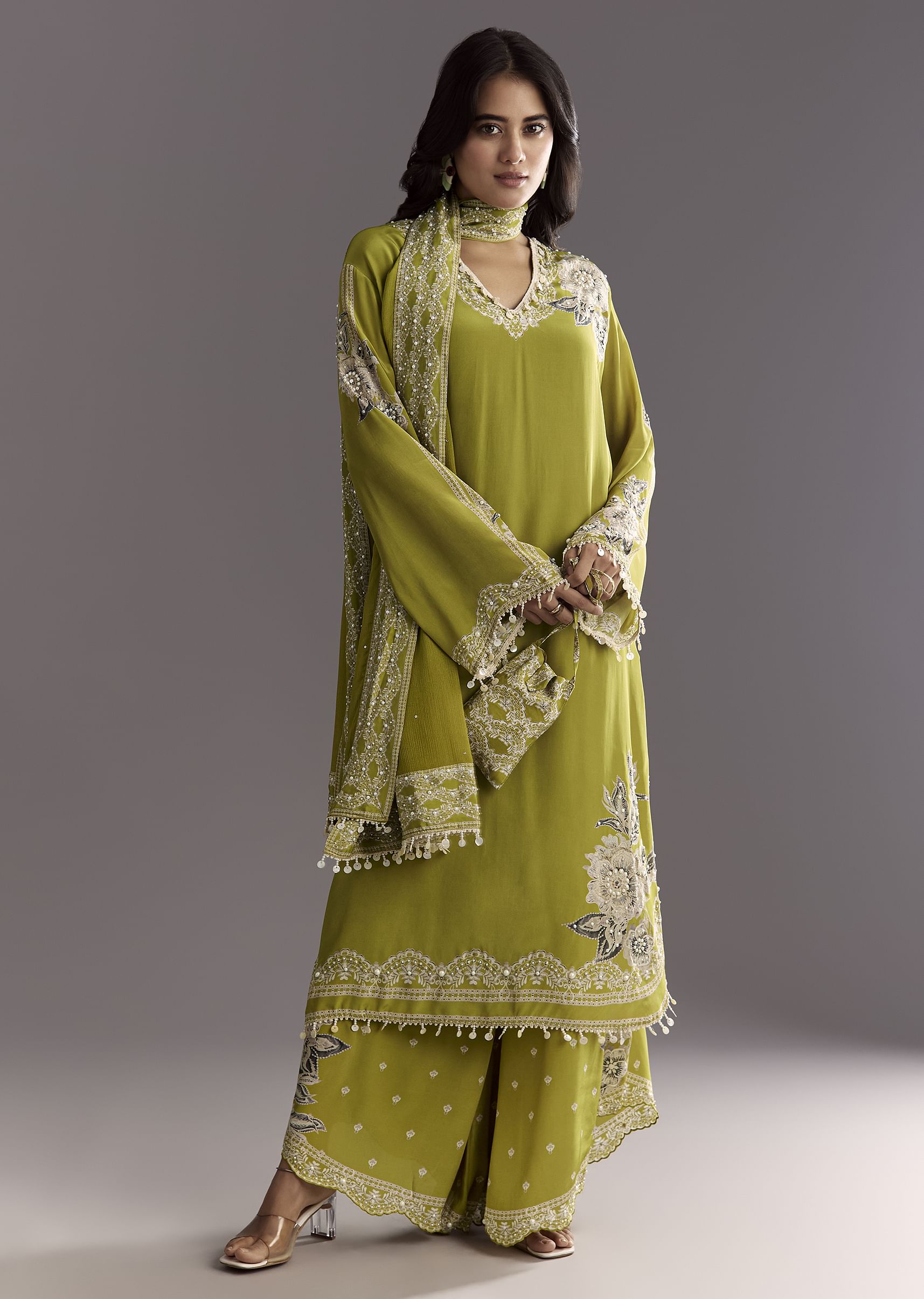 Light Green Moti Embroidered Kurta With Printed Palazzo