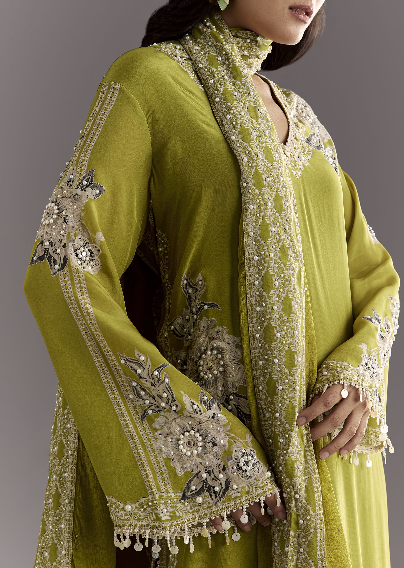 Light Green Moti Embroidered Kurta With Printed Palazzo