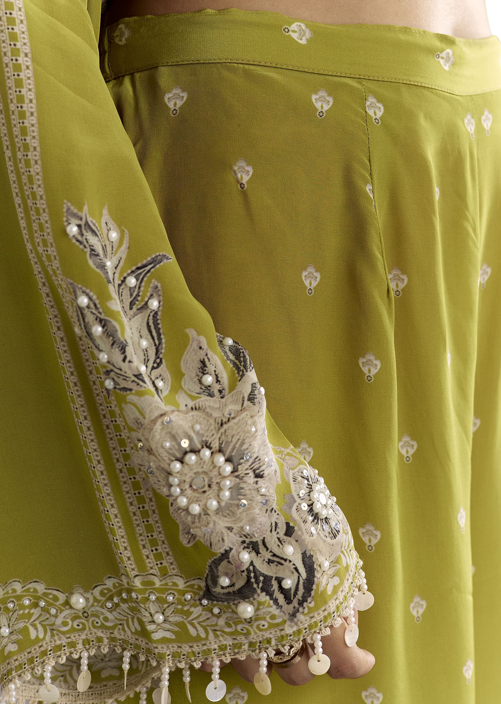 Light Green Moti Embroidered Kurta With Printed Palazzo