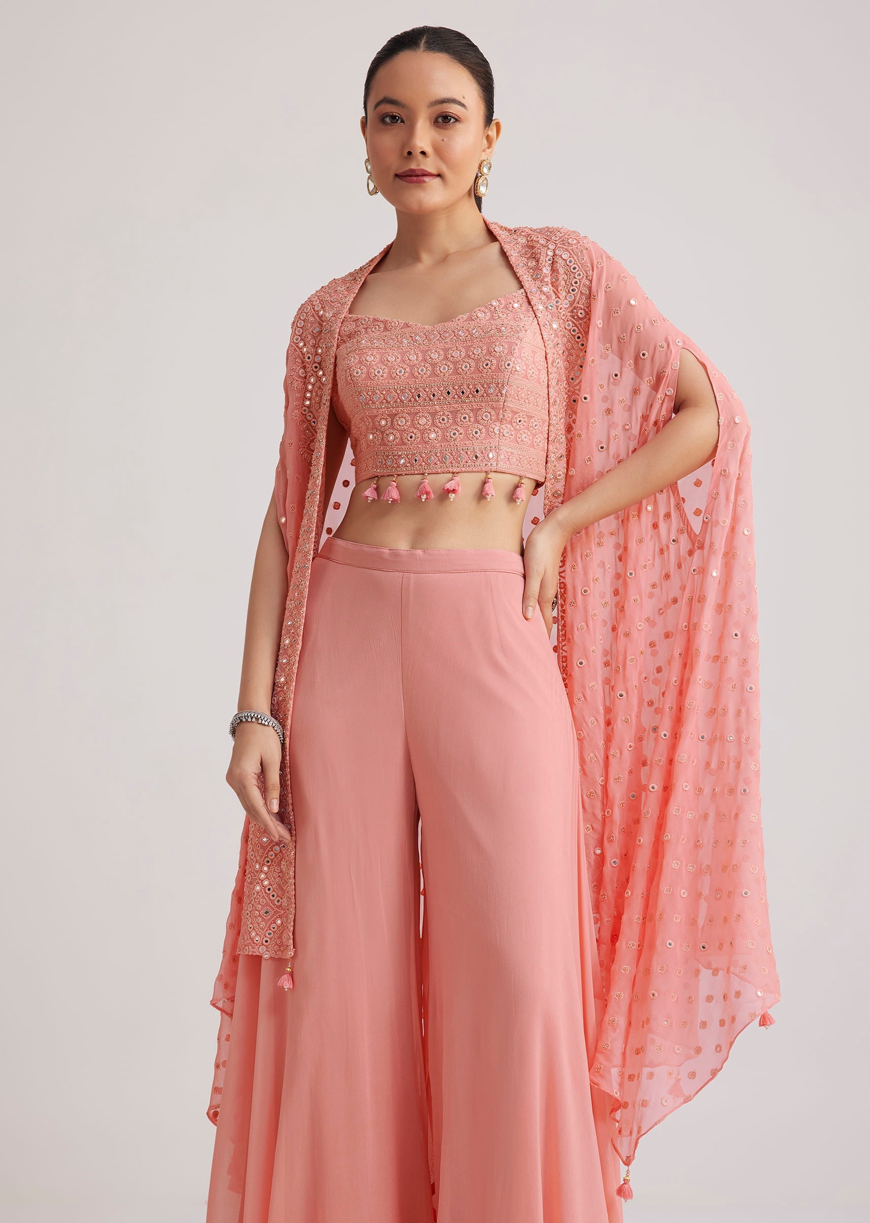 Light Pink Georgette Palazzo Set With Embroidered Cape