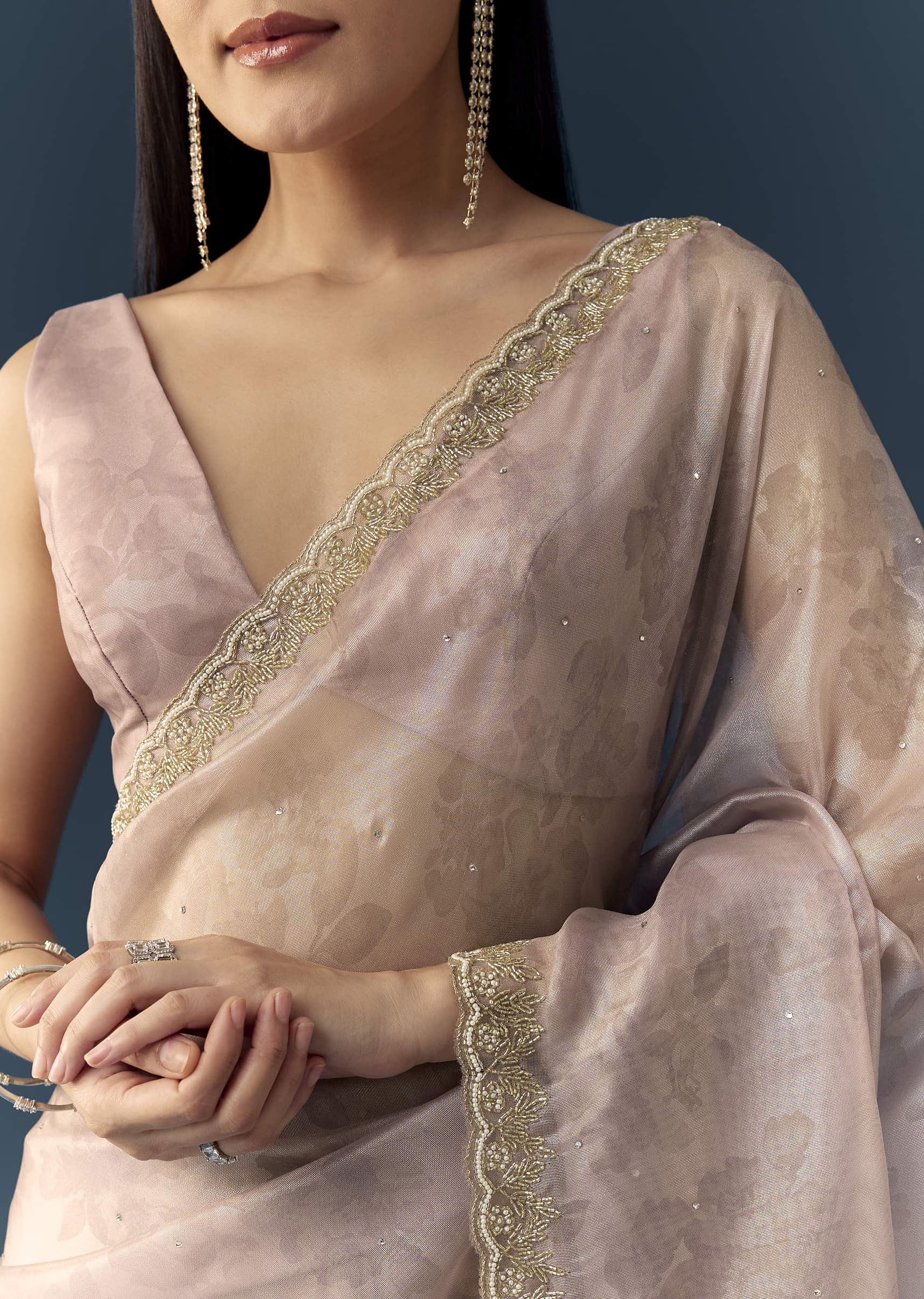 Mauve Jacqaurd Floral Print Tissue Silk Saree with Unstitched Blouse