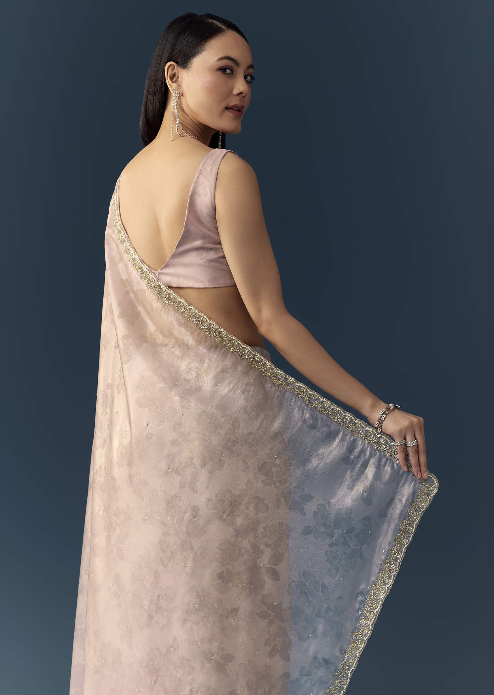 Mauve Jacqaurd Floral Print Tissue Silk Saree with Unstitched Blouse