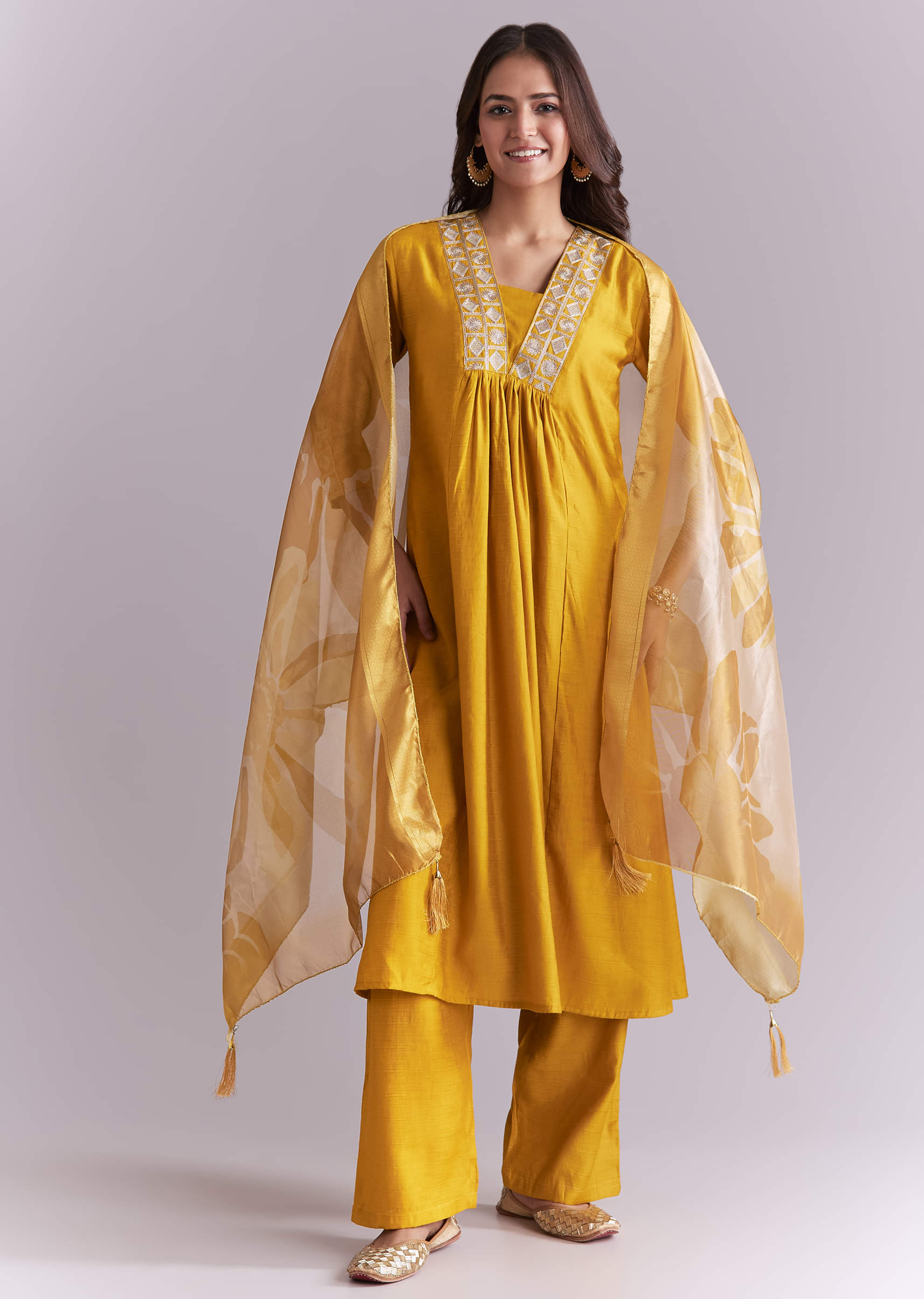 Mustard Yellow Silk Anarkali Suit With Zari Work And Floral Print Dupatta
