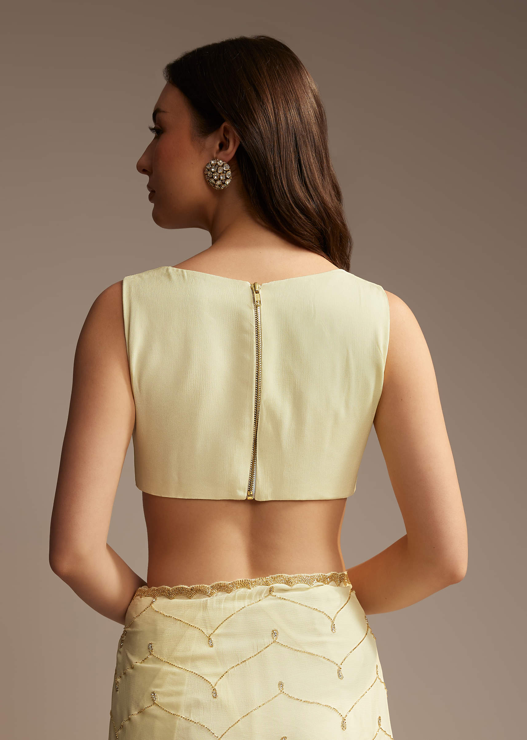 Off White Chinon Saree with Cutdana and Stone Work