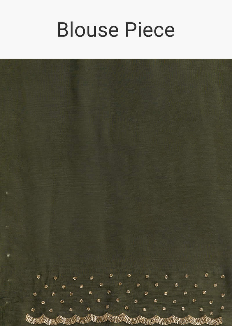 Olive Green Embroidered Chinon Saree With Scallop Border