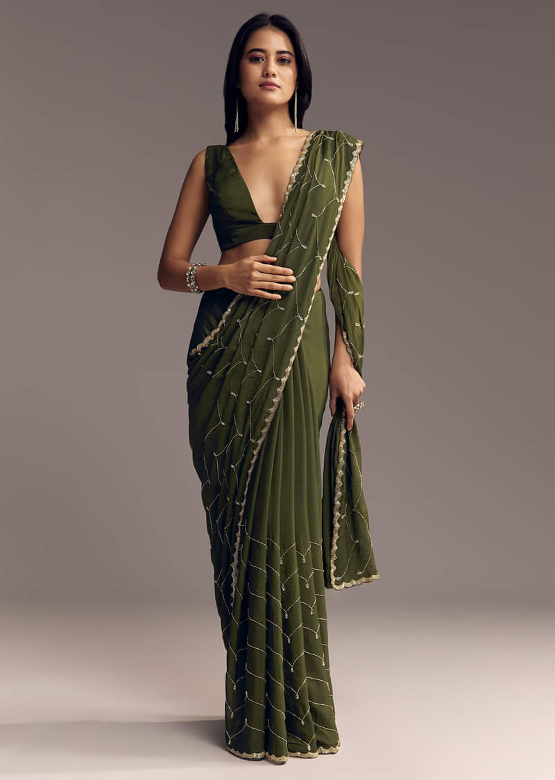 Olive Green Embroidered Chinon Saree With Scallop Border